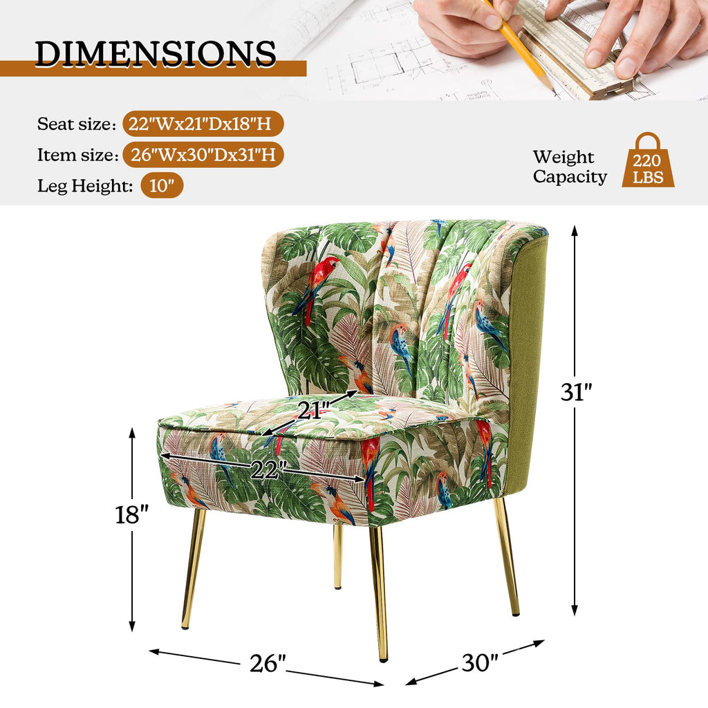 Modern Accent Chair with Golden Legs, Comfy Cute Living Room Chair, Wingback Small Armless Side Chair, Upholstered Tufted Slipper Chair for Bedroom, Reading Room (Tropical Parrot, Green)