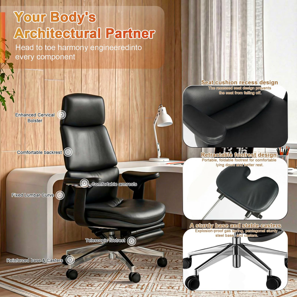 Genuine Leather Office Chair with Flexible Footrest, High Back Executive Office Chair with Lumbar Support, Adjustable Tilt Mechanism, Weight Capacity 400 lbs (Black)