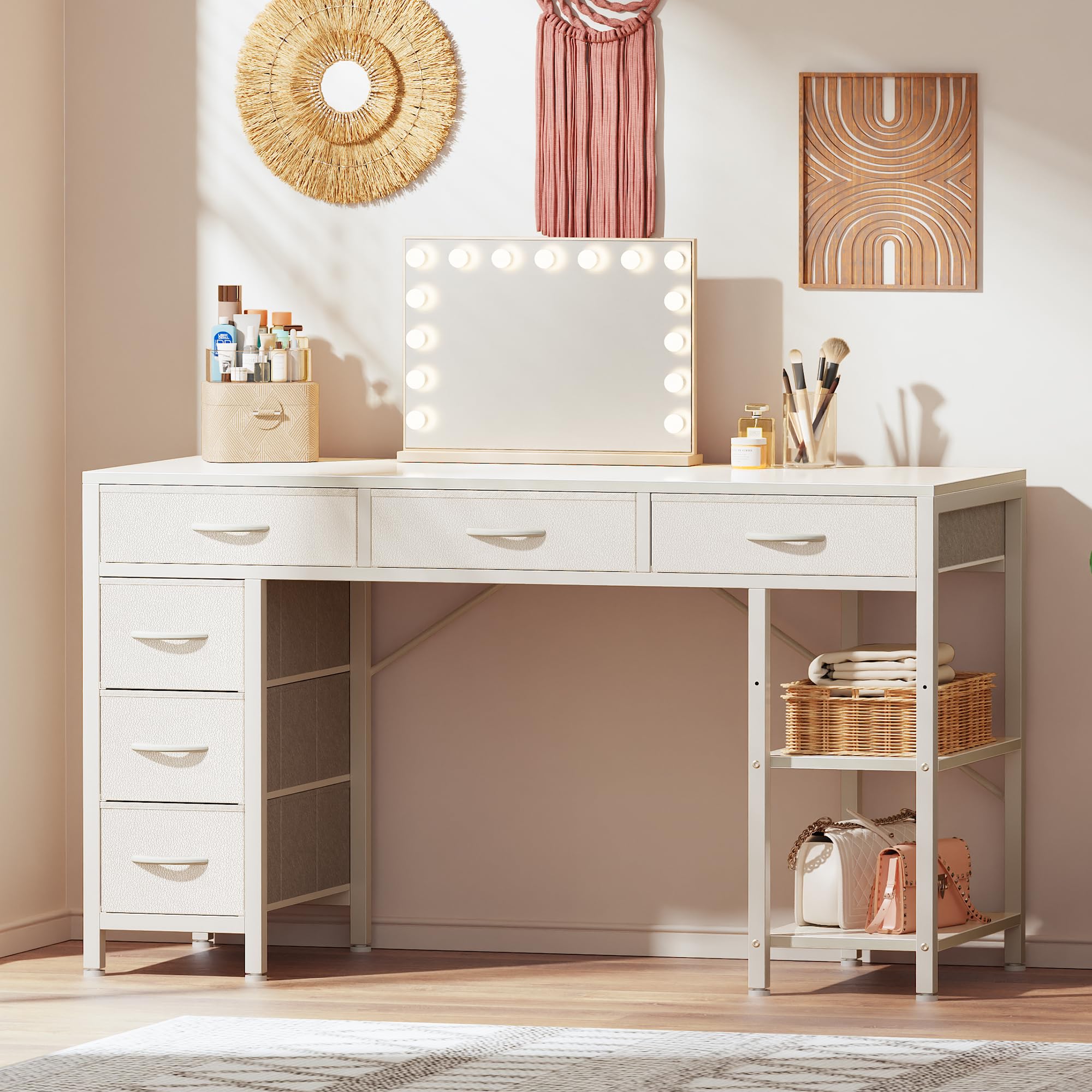 Computer Desk with 6 Drawers, Office Desk with Shelves, Reversible Gaming Desk, Corner Desk with Storage, Work for Home Office, Study, Living Room, 47inch, White