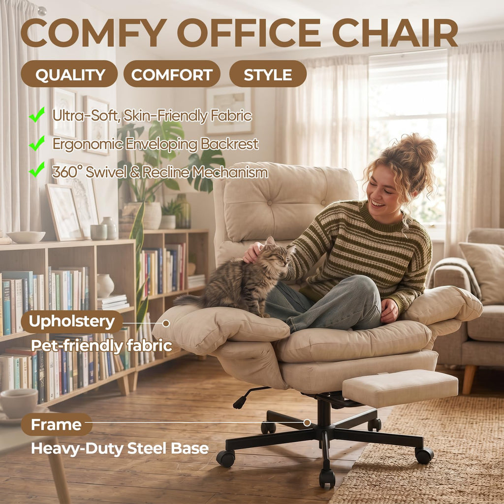 Criss Cross Office Chair with Foot Rest, Big and Tall Office Desk Chair with Flip Armrests for Pets & Cross Legged Sitting, Comfy Executive Ergonomic Reclining Computer Gaming Vanity Chair, Beige