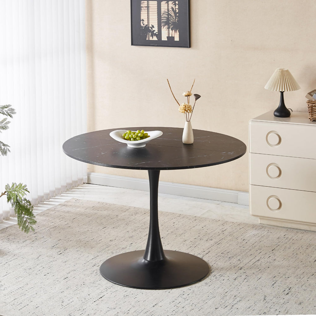 Sybrioka 42" Tulip Table for 4-6 Persons Modern Round Dining Table, Mid-Century Modern Black Marble Small Kitchen Table with MDF Wooden Top, Leisure Coffee Table for Living Room, Dining Room, Office