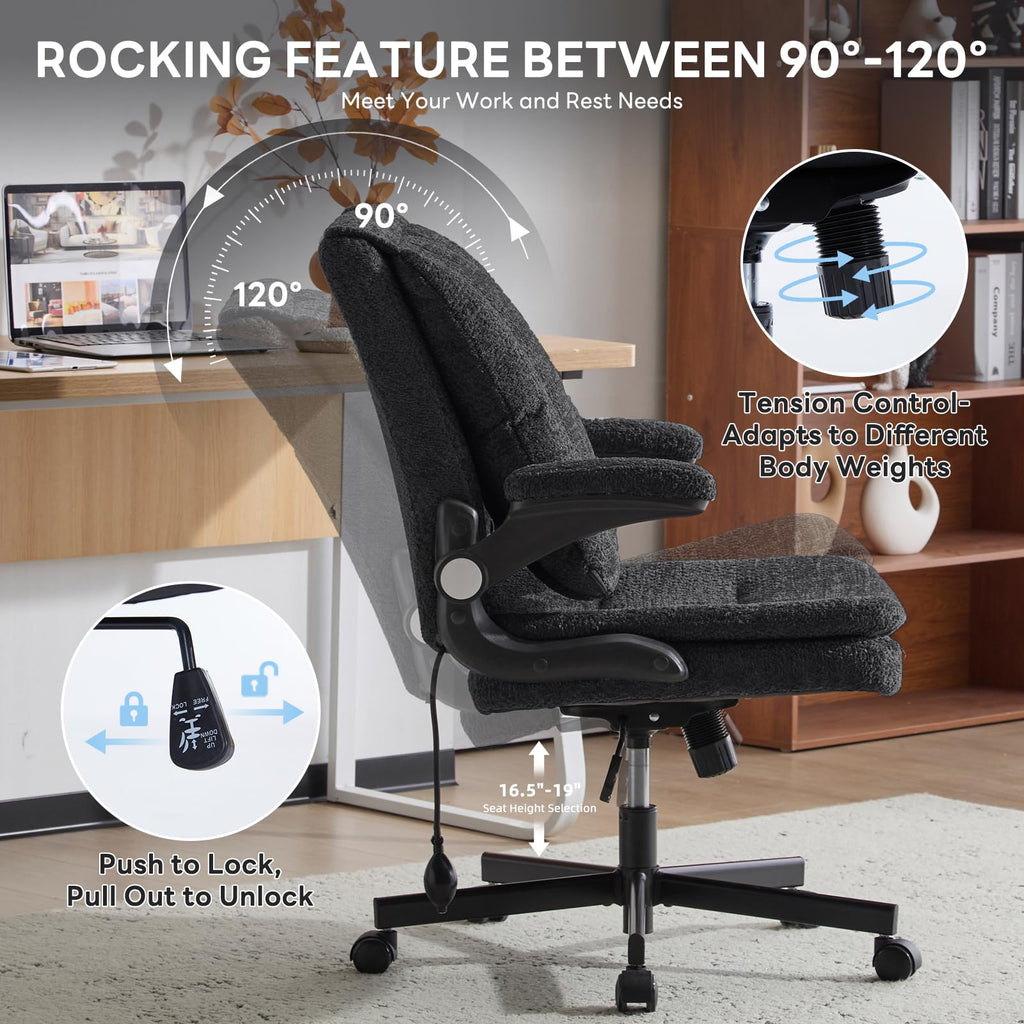 Criss Cross Office Chair with 2 in 1 Inflatable Flip-up Back, Ergonomic Wide Seat Desk Chair with Adjustable Arms and Wheels, Cross Legged Office Chair for Home & Office, Black