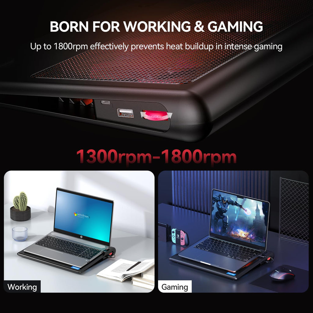 Laptop Cooling Pad - 12"-15.6" Laptops Cooler, Powerful Cooler and Ultra Quiet for Gaming Laptops Pad, 2 Wind Speed Adjustable, USB A & C Powered Cooler Stand with Laptop Fan LED (Red)