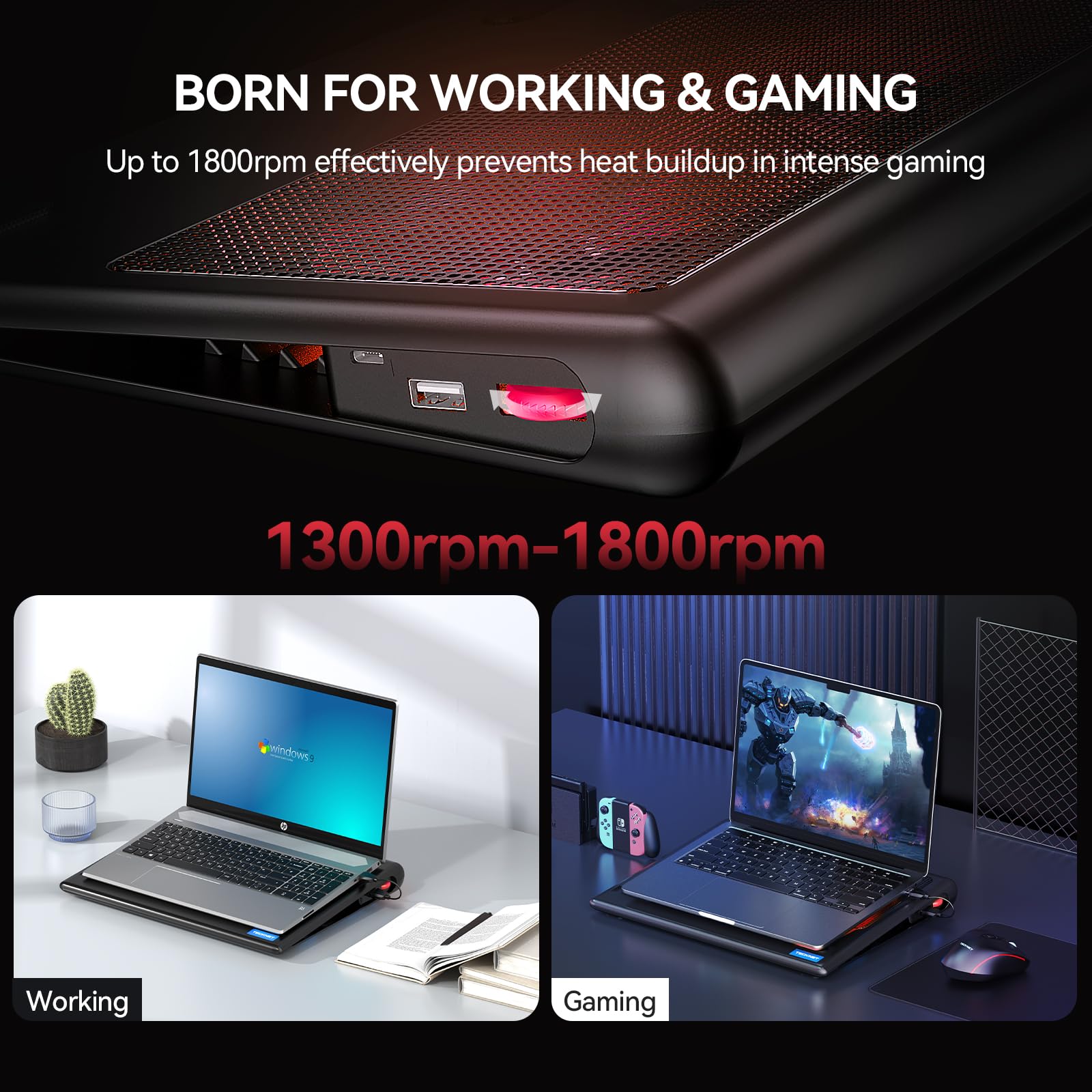Laptop Cooling Pad - 12"-15.6" Laptops Cooler, Powerful Cooler and Ultra Quiet for Gaming Laptops Pad, 2 Wind Speed Adjustable, USB A & C Powered Cooler Stand with Laptop Fan LED (Red)