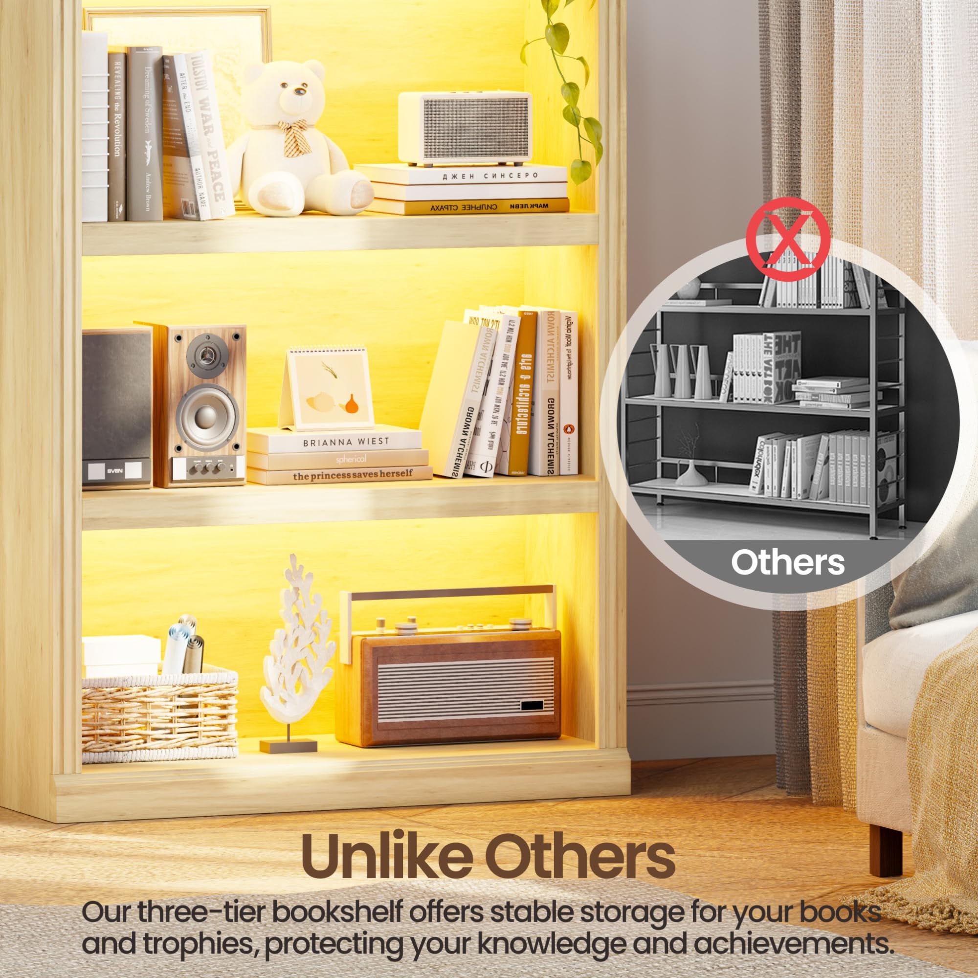 3-Tier LED Bookshelf with Motion Sensor Lights - USB Charging Module - Adjustable Modular Display Shelf 31.5 W x 43.3 H for Bedroom Living Room Home Office Apartment - Natural Wood