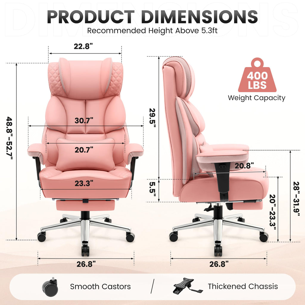 Office Desk Chair, Big and Tall Leather Gaming Chair with Footrest, Ergonomic Comfy Executive High-Back Reclining Computer Chairs, Wide Swivel Rolling Wheels and Padded Lumbar Support, Pink