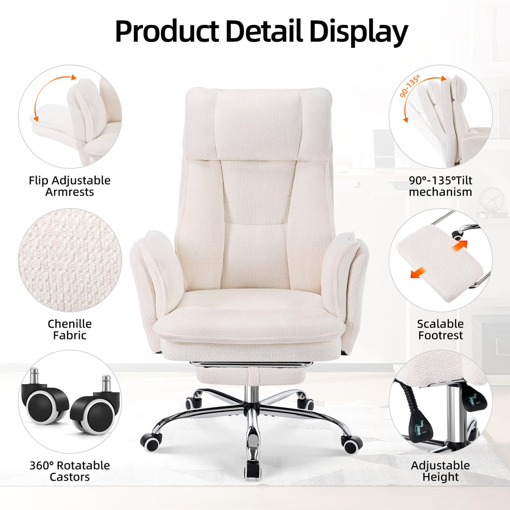 Criss Cross Office Desk Chair with Foot Rest and Flip Armrests for Pets Friendly & Extra Space, Ergonomic Reclining Gaming Computer Chair with Lumbar Pillow(Chenille Fabric Off-White)