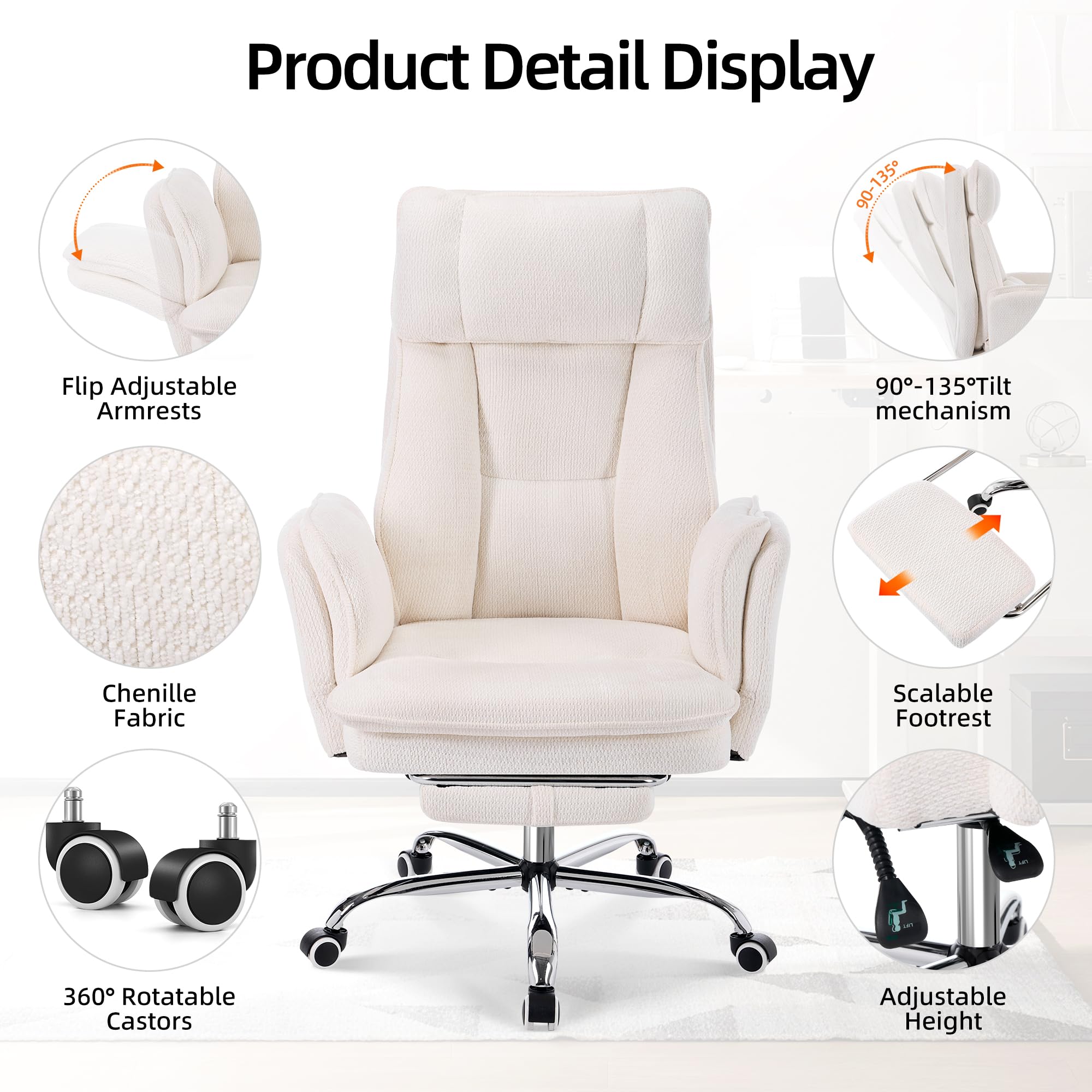 Criss Cross Office Desk Chair with Foot Rest and Flip Armrests for Pets Friendly & Extra Space, Ergonomic Reclining Gaming Computer Chair with Lumbar Pillow(Chenille Fabric Off-White)