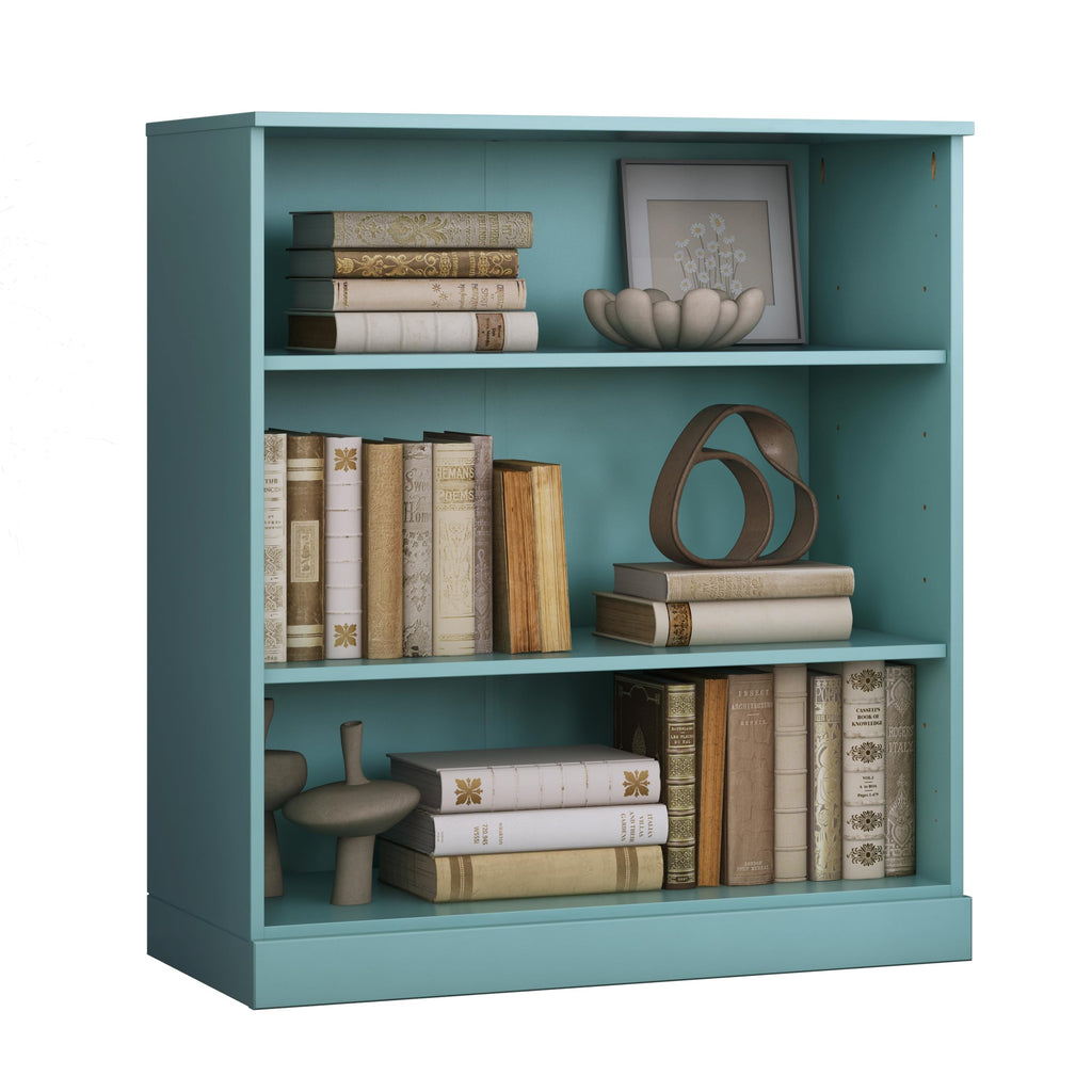 Solid Wood Bookcase - 3 Tier Floor Standing Bookshelf - 36" Short Storage Shelf, 32” Wide - Aqua, Display Furniture for Living Space, Renewable 100% Eco-Friendly Wood, Made in Brazil