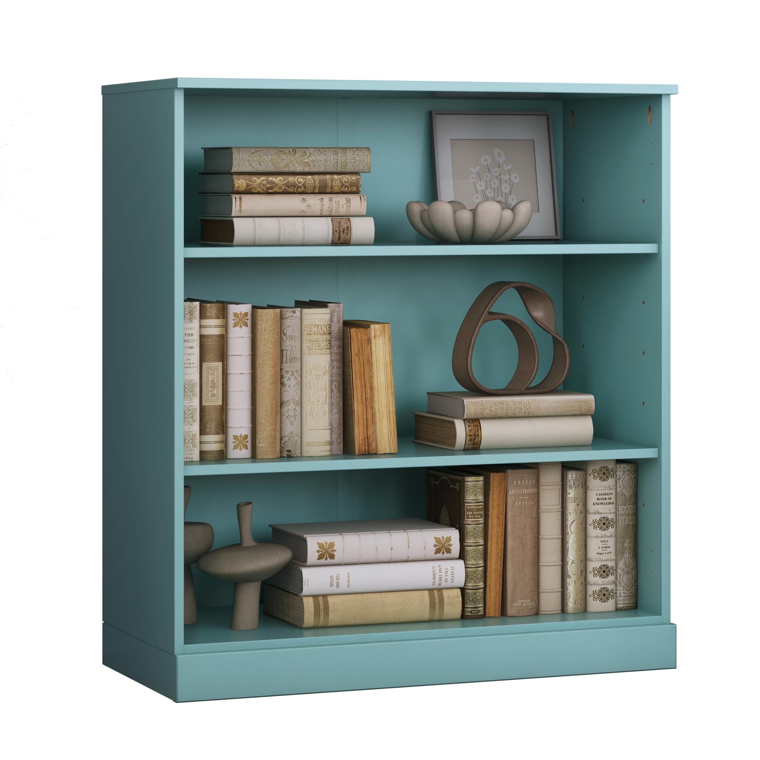 Solid Wood Bookcase - 3 Tier Floor Standing Bookshelf - 36" Short Storage Shelf, 32” Wide - Aqua, Display Furniture for Living Space, Renewable 100% Eco-Friendly Wood, Made in Brazil