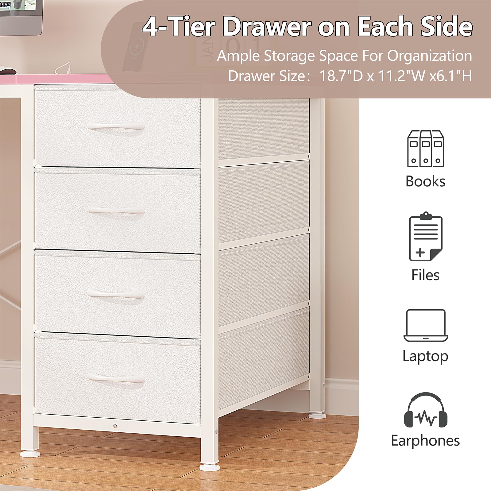 50 Inch Computer Desk with 8 Drawers, Home Office Desk with Power Outlets, Work Study Gaming Desk with 8 Fabric Drawers, Pink