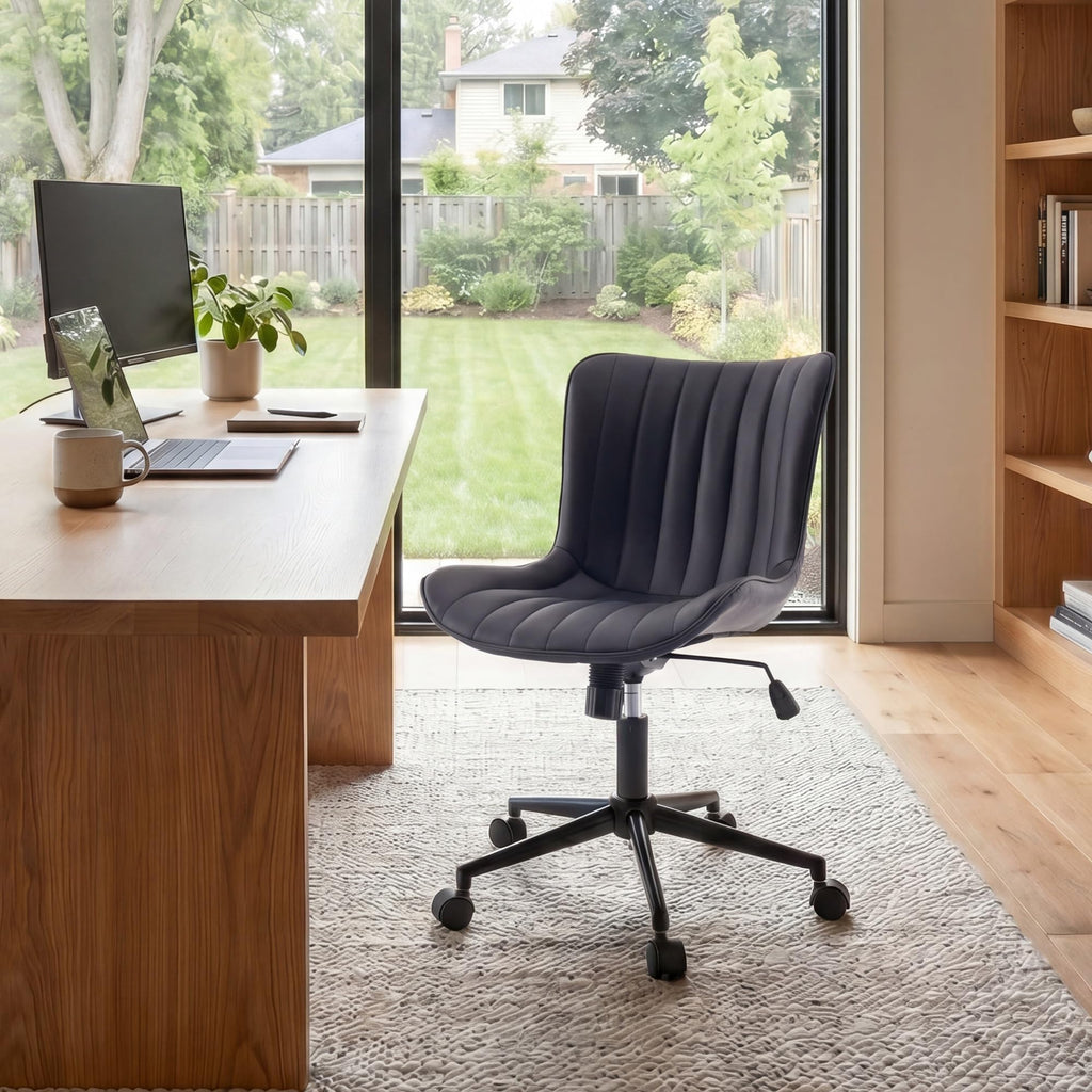 Black Office Desk Chair with Wheels Comfy Armless Small Vanity Chair with Adjustable Rocking Back Modern Leather Upholstered Rolling Task Computer Chair Swivel Drafting Chair Compact