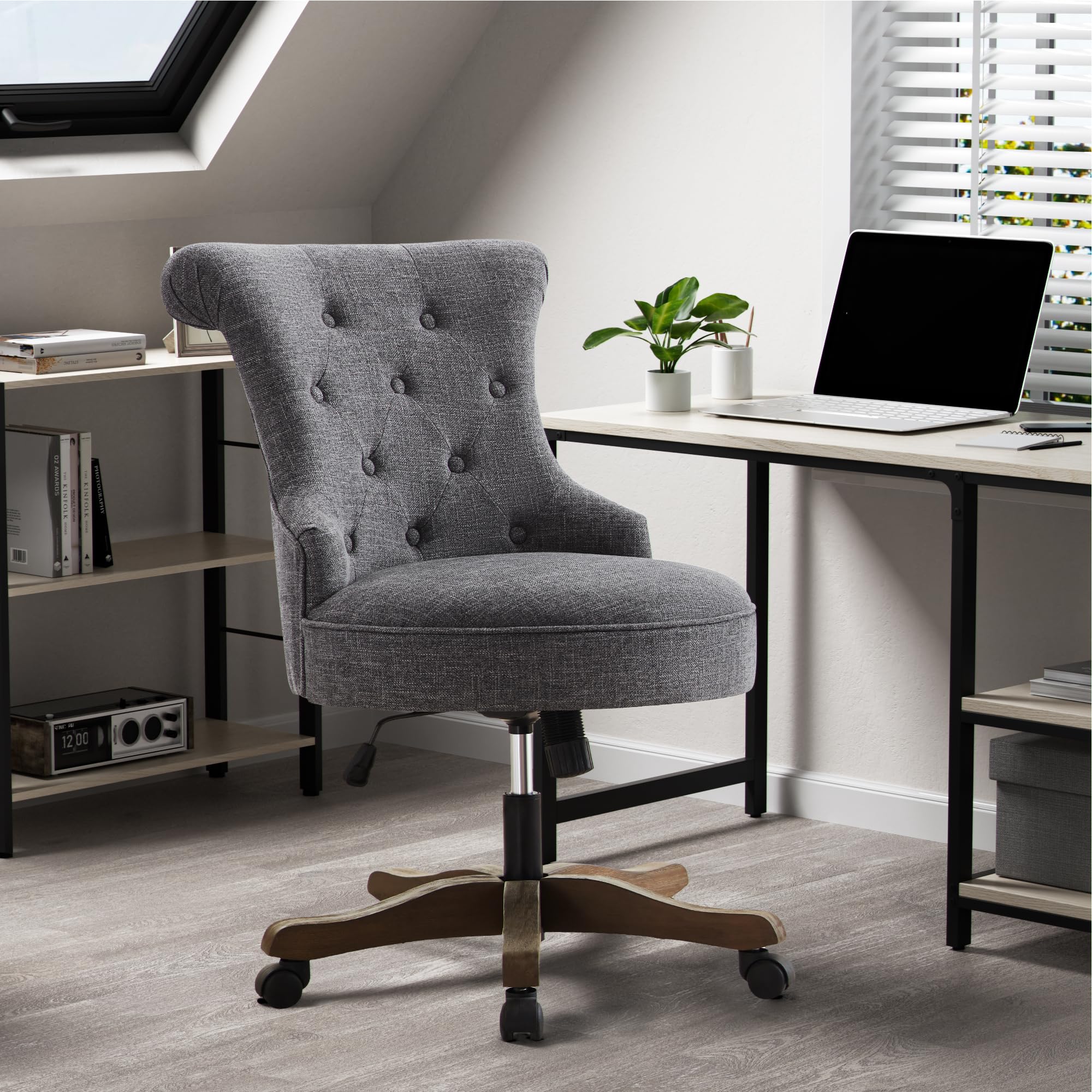 Home Office Chair Upholstered Armless Desk Chair with Wheels Adjustable Height Computer Desk Chair with Wooden Legs Linen Fabric Comfortable Swivel Chairs for Home Office Study Studio (Grey)