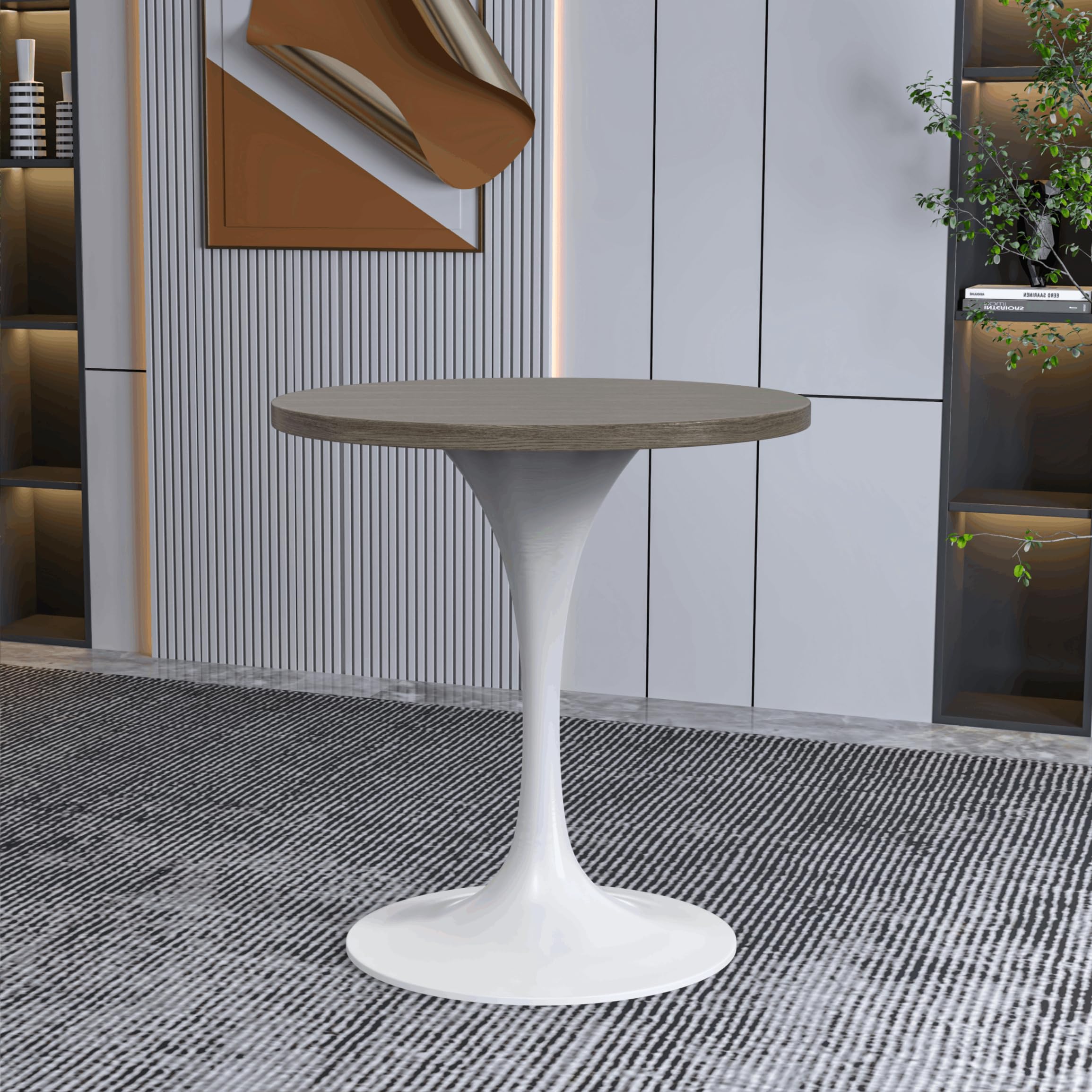 LeisureMod Verve Mid-Century Modern 27 Inch Round Dining Table, MDF Wood Tabletop with White Steel Pedestal Base, Contemporary Kitchen & Dining Room Table, Small Space Breakfast Table, Dark Maple
