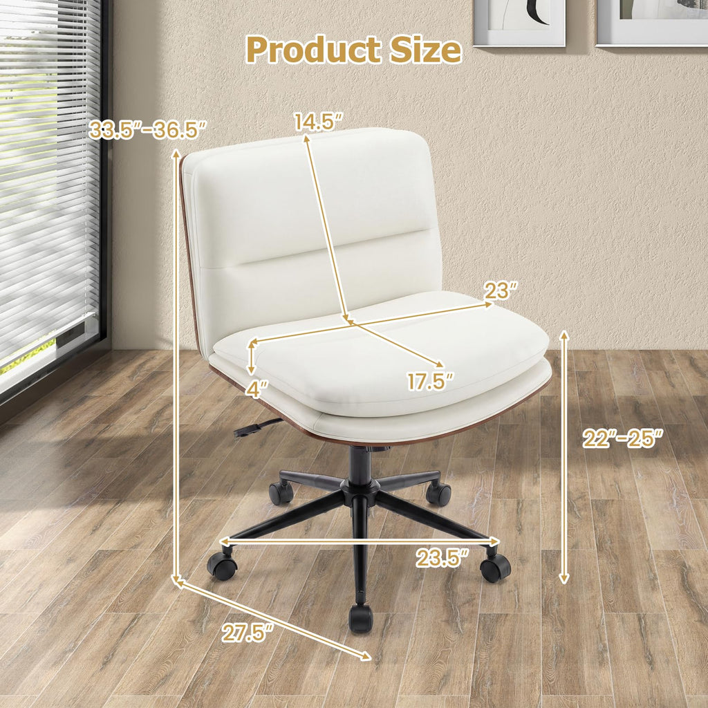 Armless Office Chair with Wheels, PU Leather Height Adjustable Vanity Chair w/Curved Backrest, Mid-Back Criss Cross 360° Swivel Ergonomic Computer Desk Chair for Home Office & Bedroom (White)