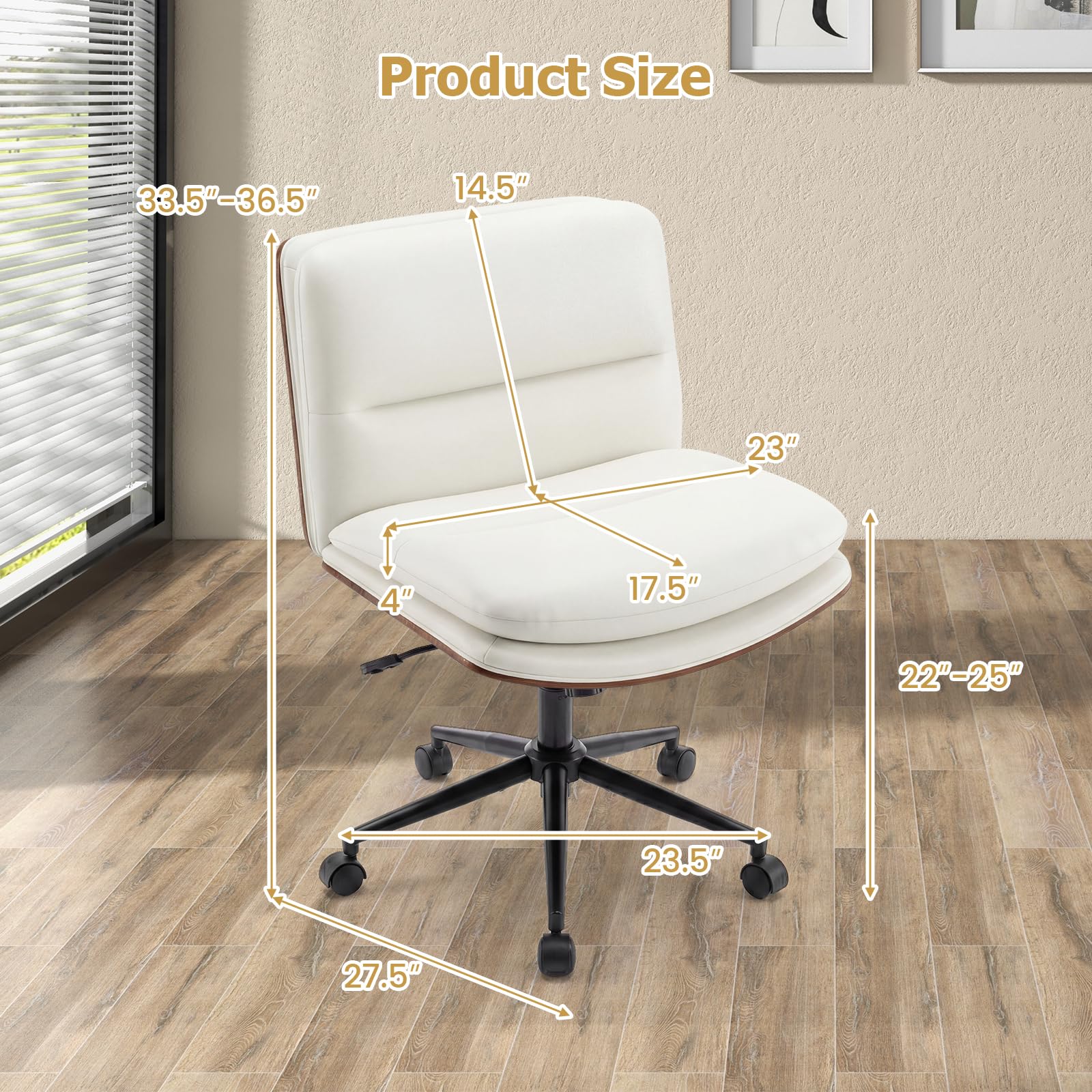 Armless Office Chair with Wheels, PU Leather Height Adjustable Vanity Chair w/Curved Backrest, Mid-Back Criss Cross 360° Swivel Ergonomic Computer Desk Chair for Home Office & Bedroom (White)