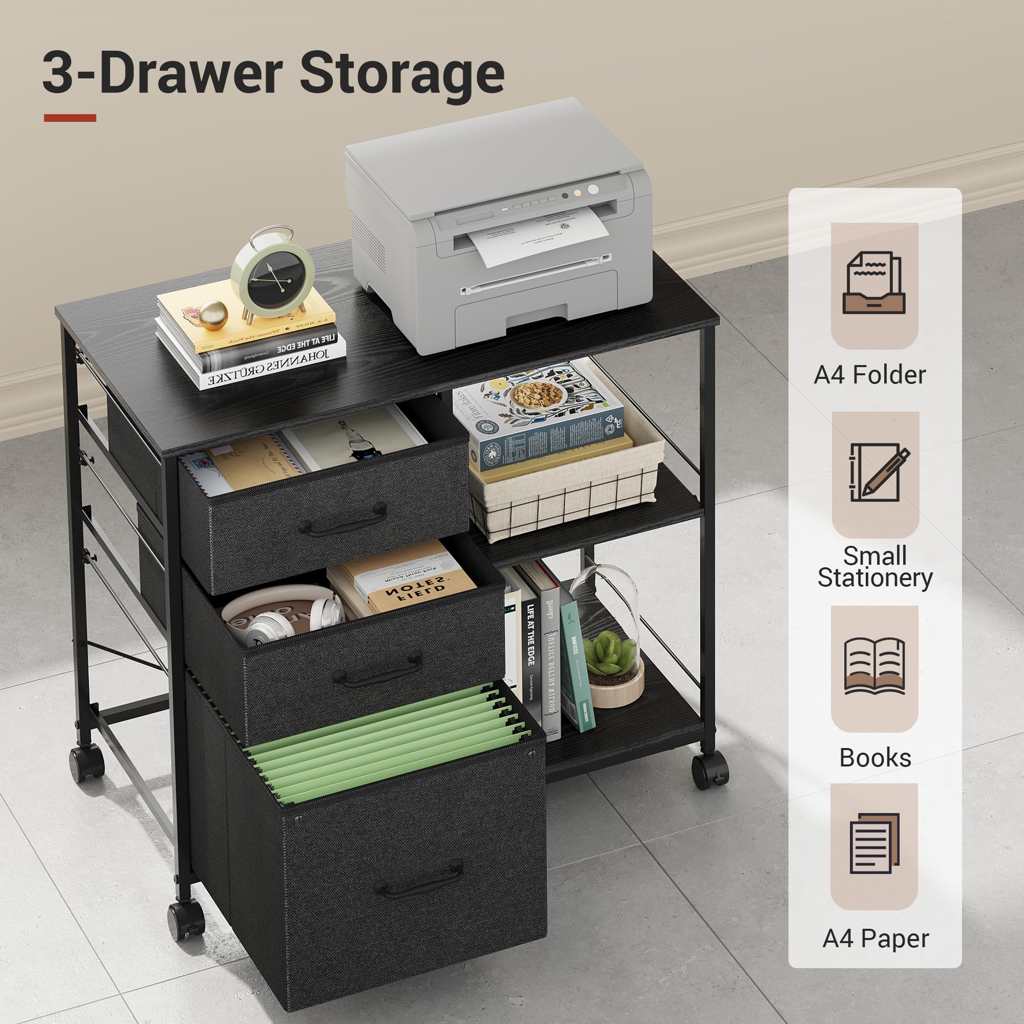 3 Drawer Mobile File Cabinet with Open Storage Shelf