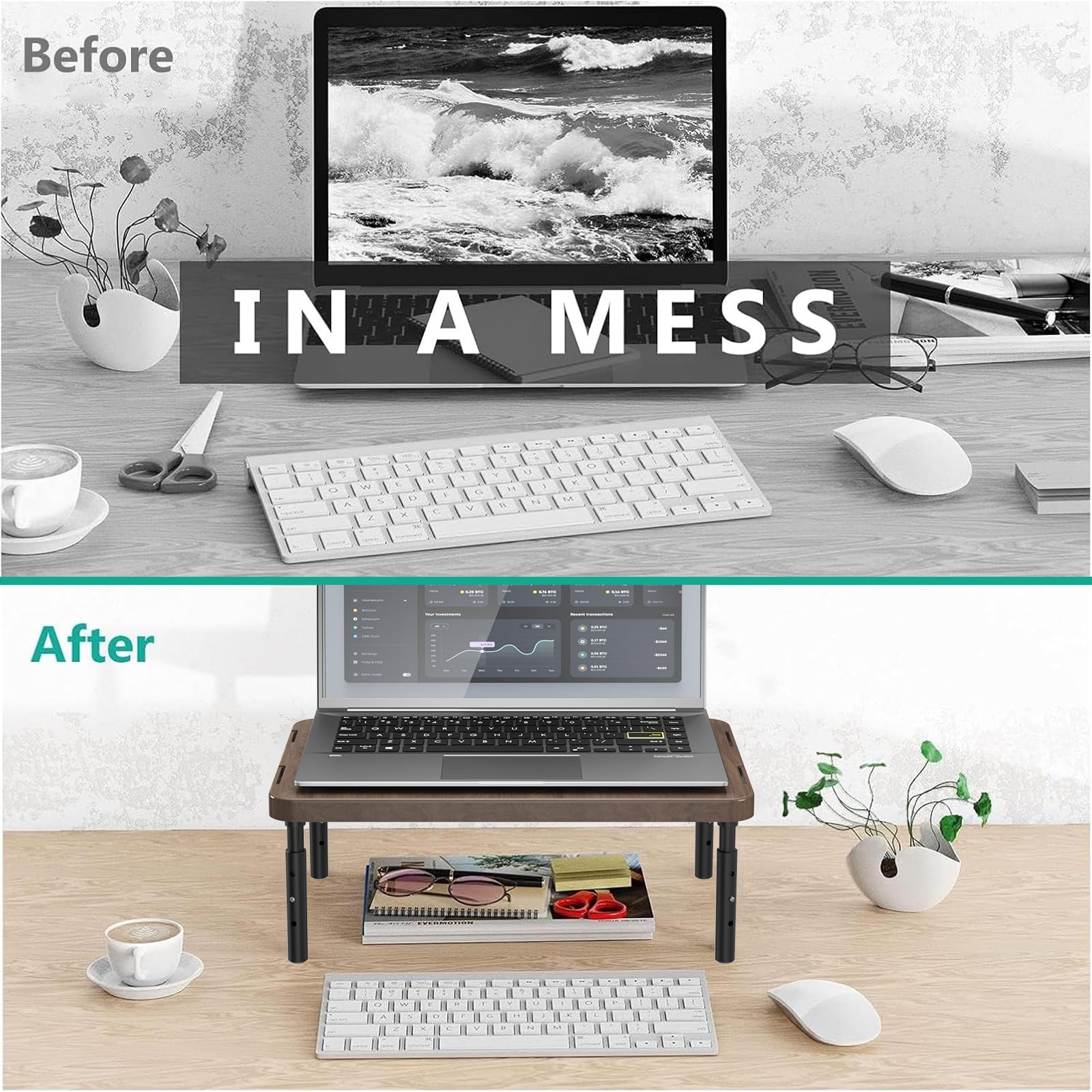 Plastic Computer Monitor Stand for Desk, Adjustable Laptop Riser, Desk Monitor Stand Underneath Storage for Office, Home, School Supplies (PTT001-C), 1 Pack, Brown