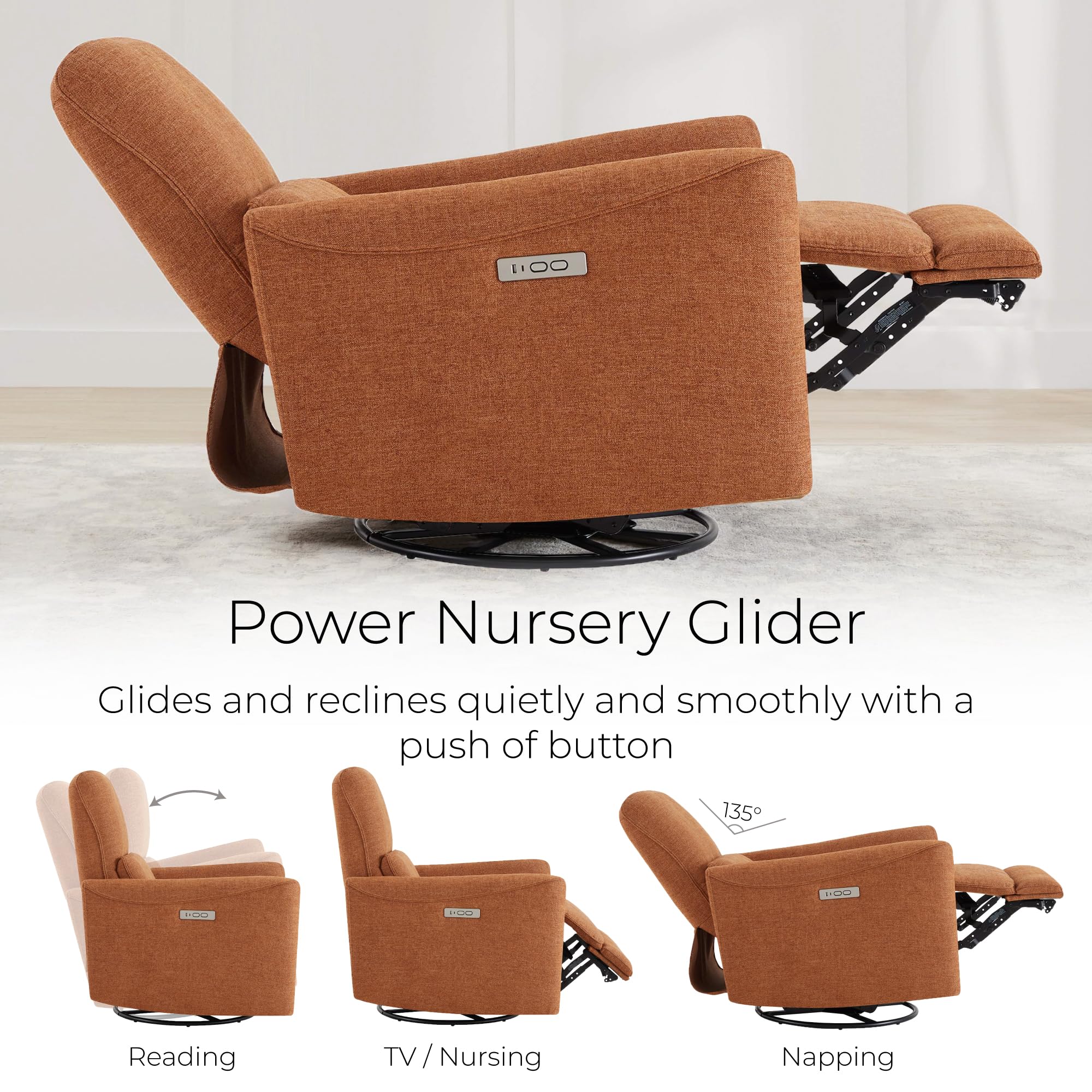 Power Recliner Chair Swivel Glider, FSC Certified Fabric Living Room Nursery Reclining Sofa Chair with Lumbar Support,Terracotta