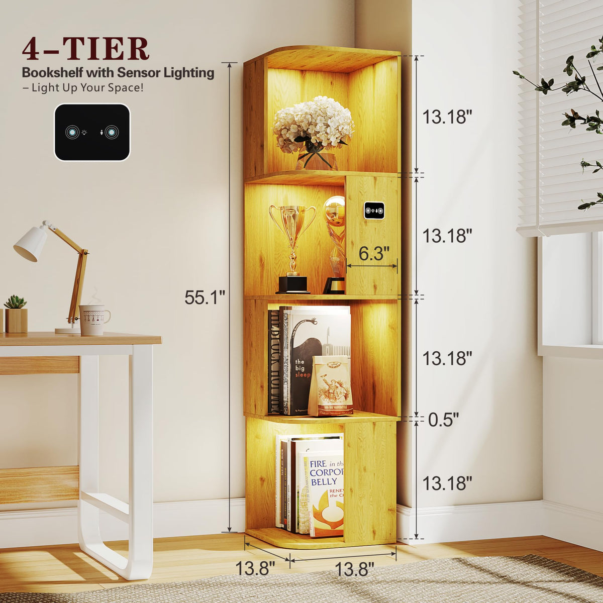 Corner Bookcase with 4 Shelves and 3-Color LED Sensor Lights - Wood