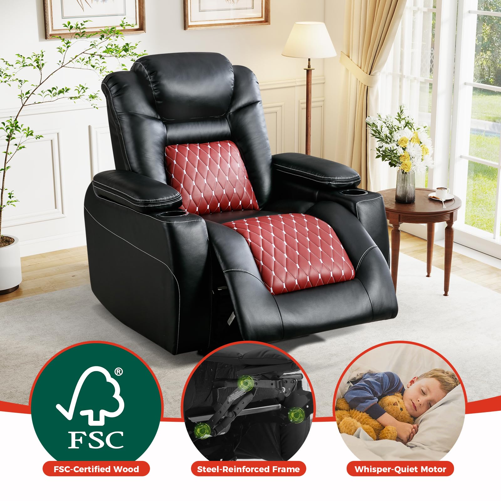 Power Recliner Chair,Home Theater Seating with Adjustable Headrest,Cup Holders,USB Port,Hidden Arm Storage(Black)