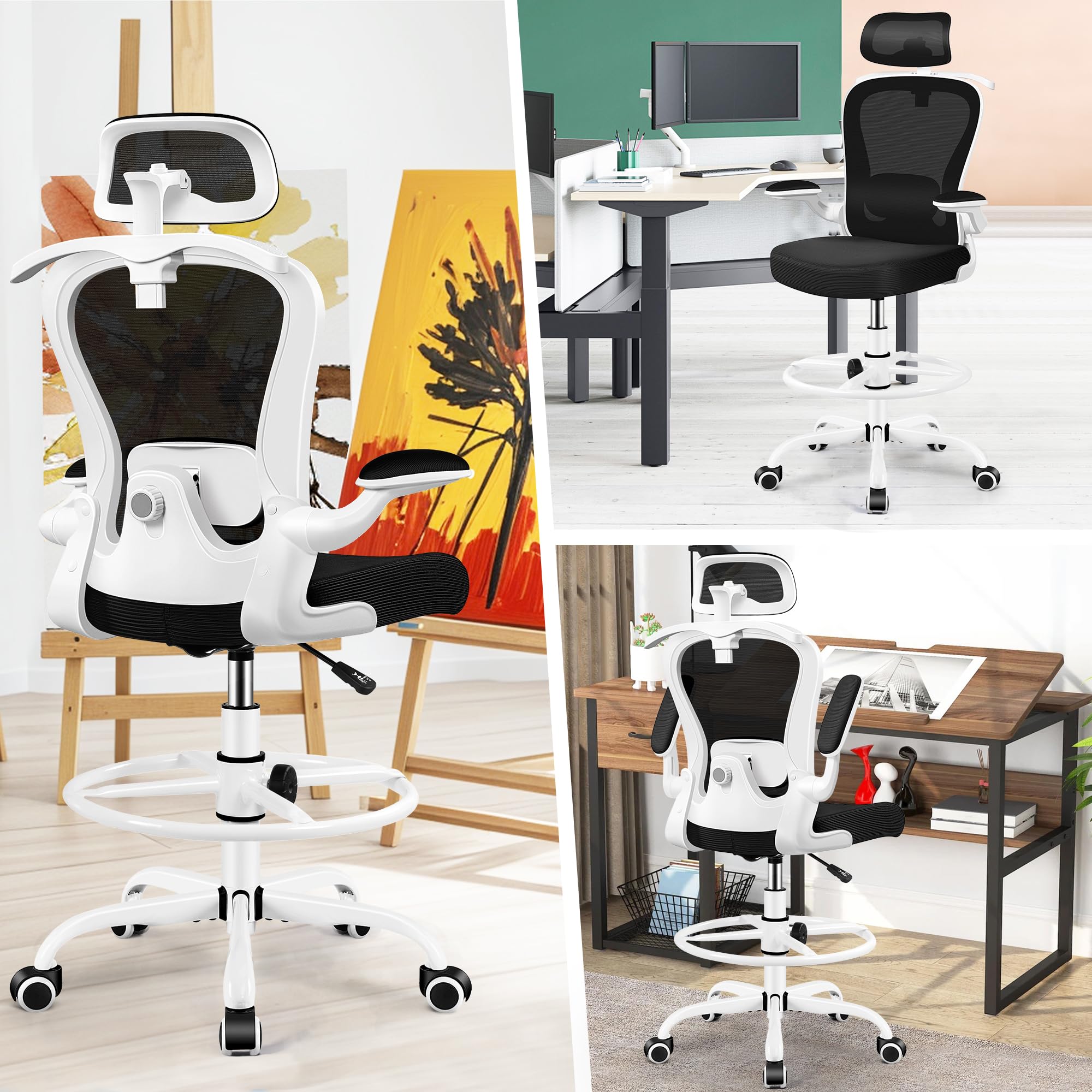 Drafting Chair, Tall Office Chair with 3D Lumbar & Head Support, Ergonomic Mesh Standing Desk Chair with Footring, Comfy Extended High Desk Chair with Flip-Up Arms & Hanger,White
