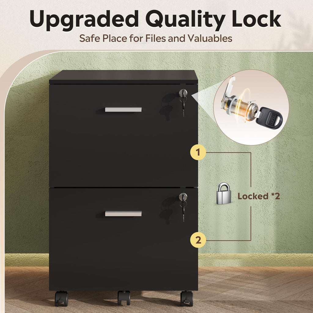 2 Drawer Wood File Cabinet with Lock, Mobile Printer Stand, Black