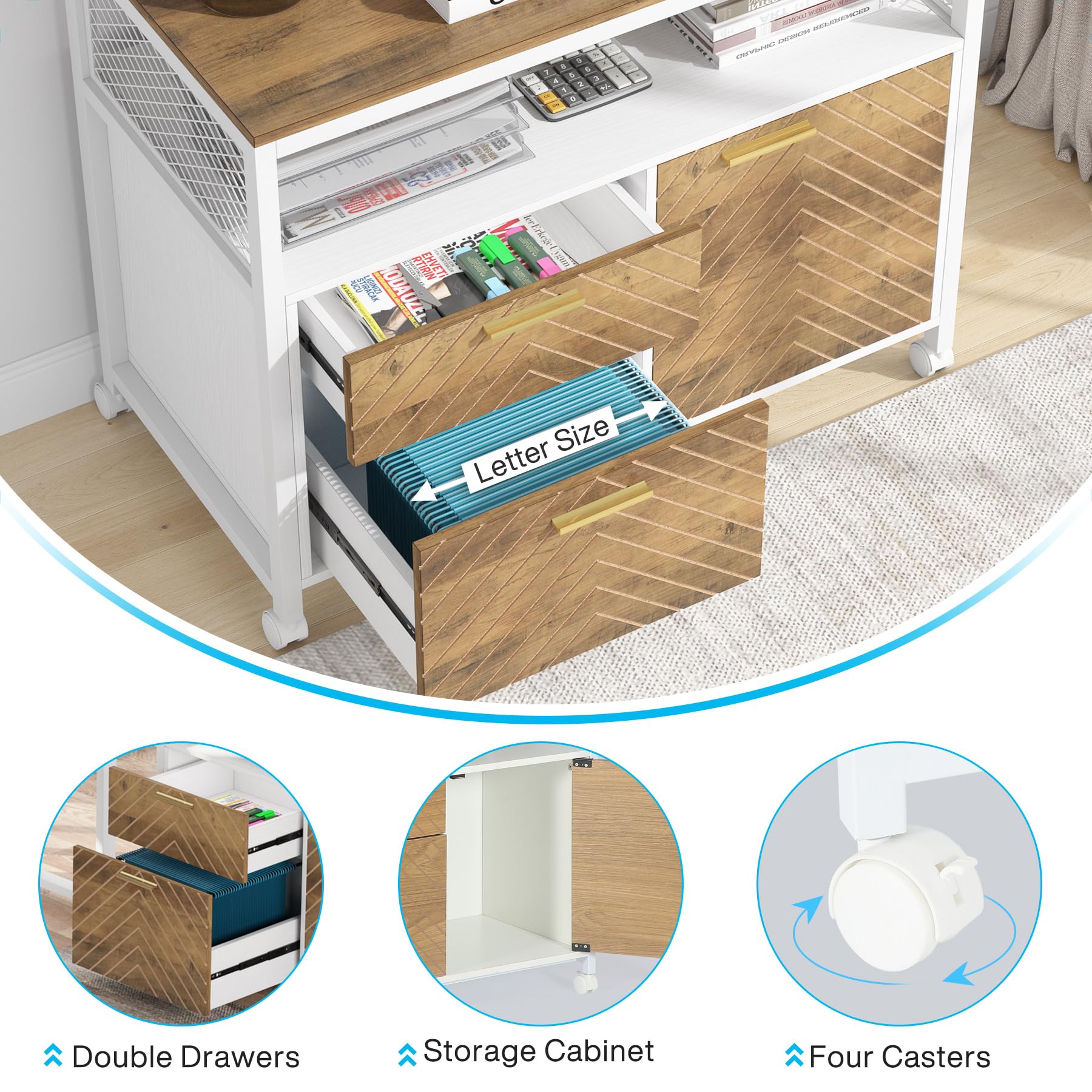 63" Executive Computer Desk and lateral File Cabinet, 2 Piece Home Office Furniture for Hanging File, Cabinet with Doors