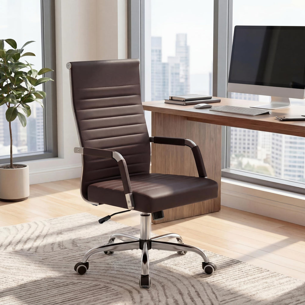 Ergonomic Office Desk Chair, Executive Ribbed Mid-Back PU Leather Conference Room Chair Adjustable Swivel Chair with Arms (1, Brown)