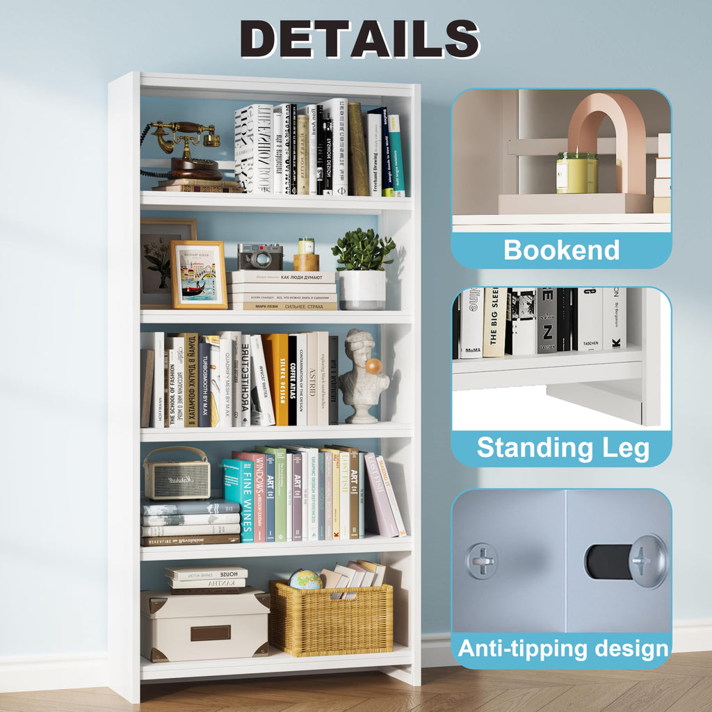 69" White Bookshelf, 5 Tier Tall Bookcase with Bookend, Large Metal Book Shelf Display Storage Shelves for Bedroom Living Room Office
