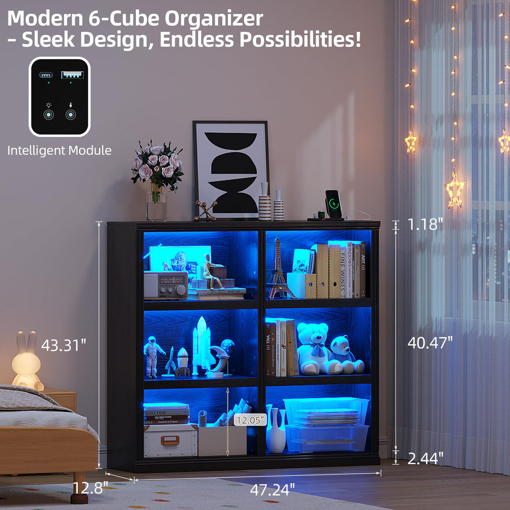 6-Cube LED Bookshelf with Motion Sensor and USB Type-C - Black