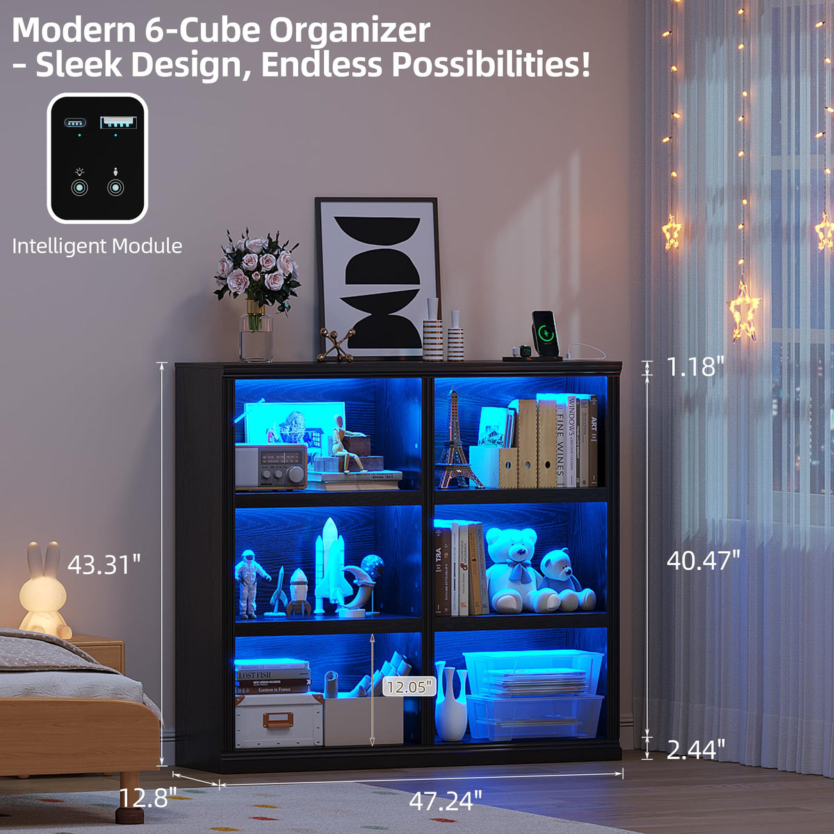 6-Cube LED Bookshelf with Motion Sensor and USB Type-C - Black