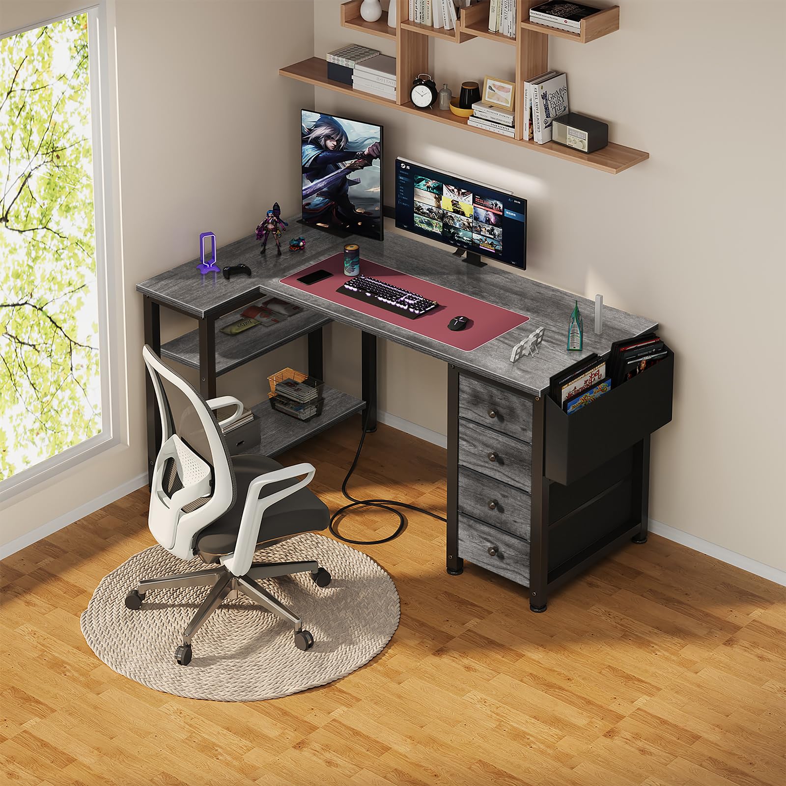 L Shaped Computer Desk with Drawers & Storage Shelves, 47 Inch Small Corner Desk with Power Outlet for Home Office Bedroom, L-Shaped Gaming PC Desks with Fabric Drawer, Gray
