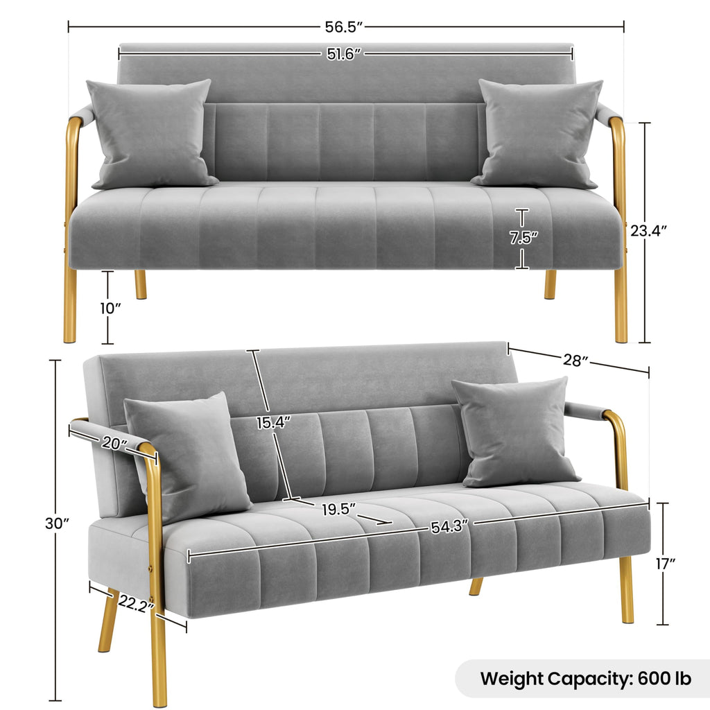 56.5" W Modern Sofa Small Sofa Luxurious Velvet Fabric Couch with Gold-Tone Metal Arms and Legs for Living Room, Office, Studio Light Gray