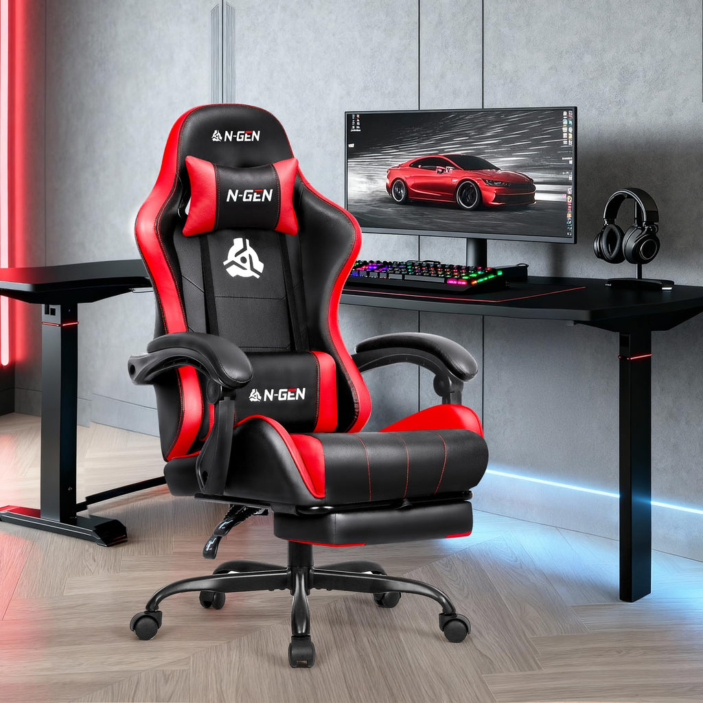 Gaming Chair with Footrest Lumbar Support for Home Office High Back Recliner Height Adjustable Ergonomic Comfy Leather Computer Desk Chair (Red)