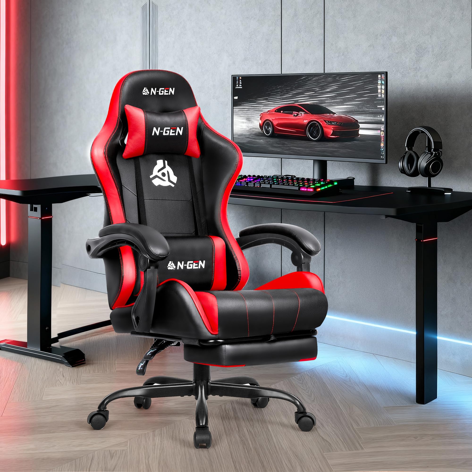Gaming Chair with Footrest Lumbar Support for Home Office High Back Recliner Height Adjustable Ergonomic Comfy Leather Computer Desk Chair (Red)
