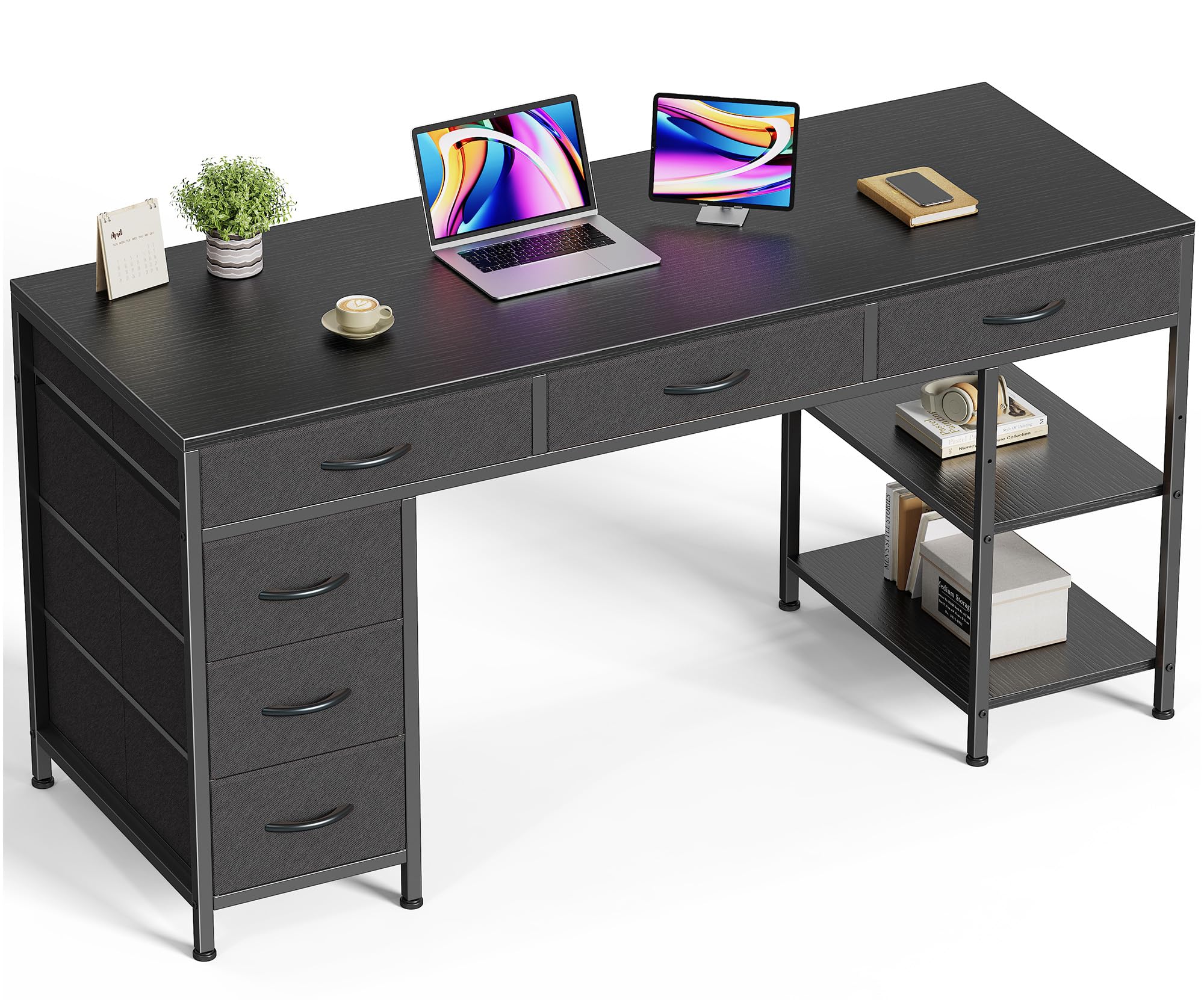 Computer Desk with 6 Drawers, Office Desk with Shelves, Reversible Gaming Desk, Corner Desk with Storage, Work for Home Office, Study, Living Room, 54inch, Black