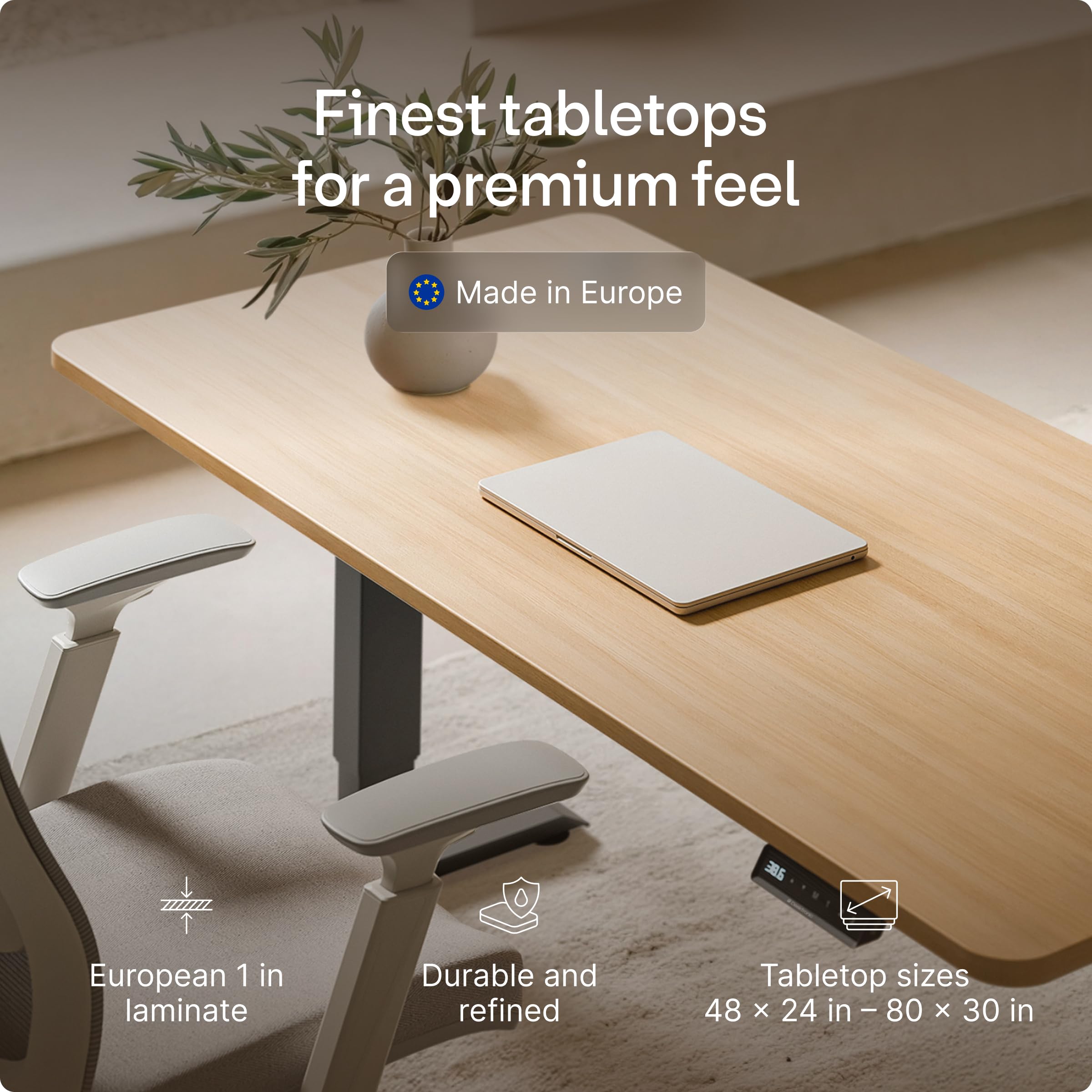 Standing Desk 54x28 — Made in Europe, Ergonomic Sit Stand Home Office Desk, Electric Height Adjustable, Dual Motor, USB & USB-C Charging, Wobble-Free, Touchscreen, 3 Memory Presets