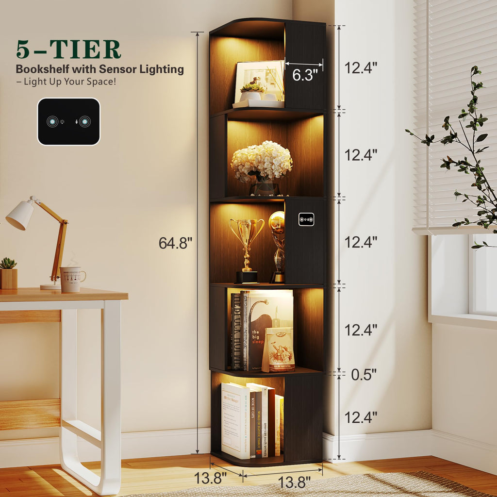 Modular LED Bookshelf with Motion Sensor and USB Charging - Natural Wood