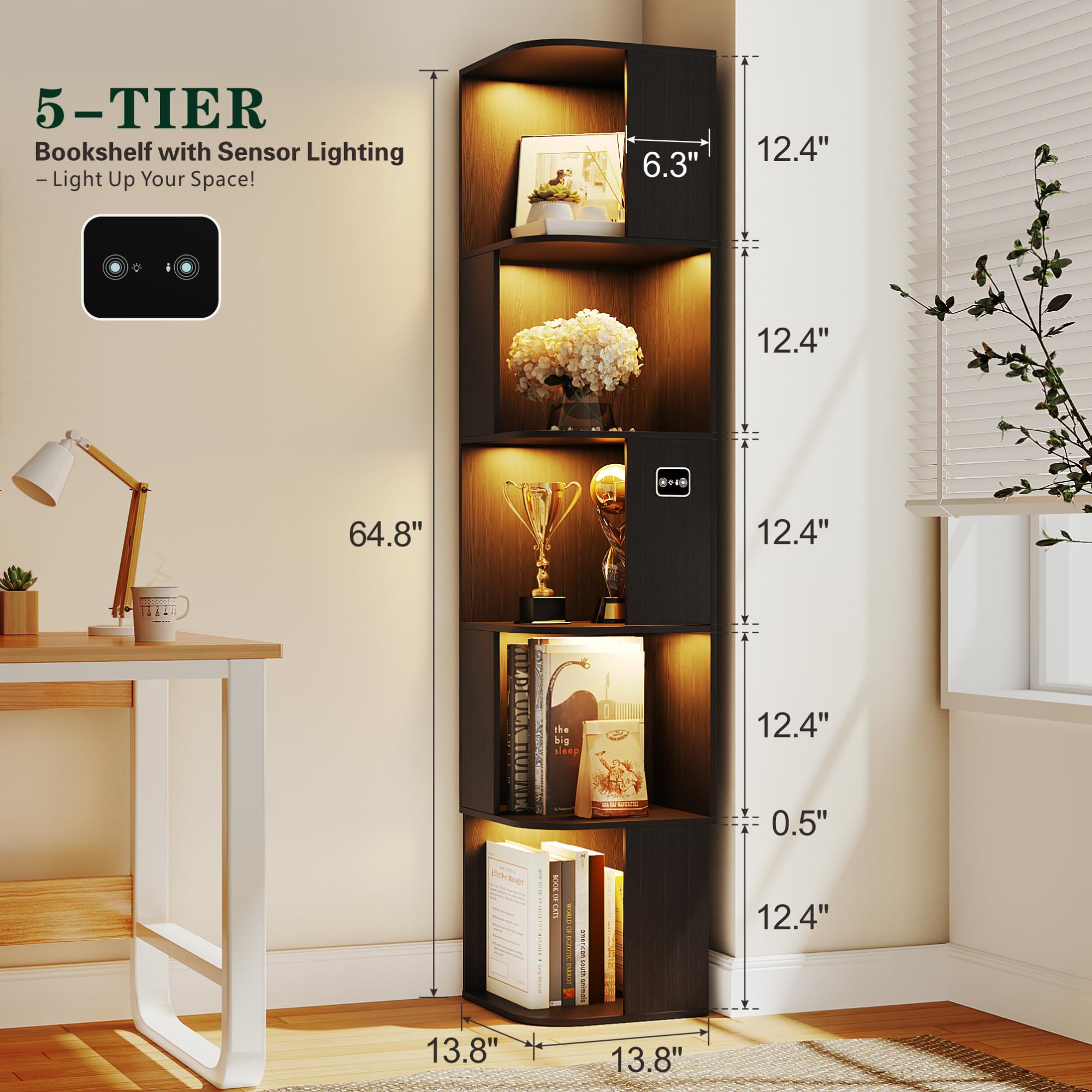 Modular LED Bookshelf with Motion Sensor and USB Charging - Natural Wood