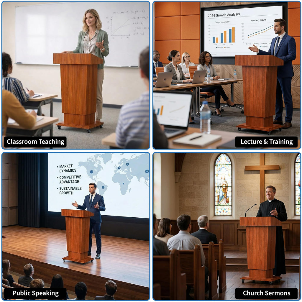 Wooden Podium Stand with Wheels, 41”–54.5” Height Adjustable Lectern, Mobile Podium with Crank Lift, Stable Base & Storage Shelf, Elegant Design for Churches, Classrooms and Conferences