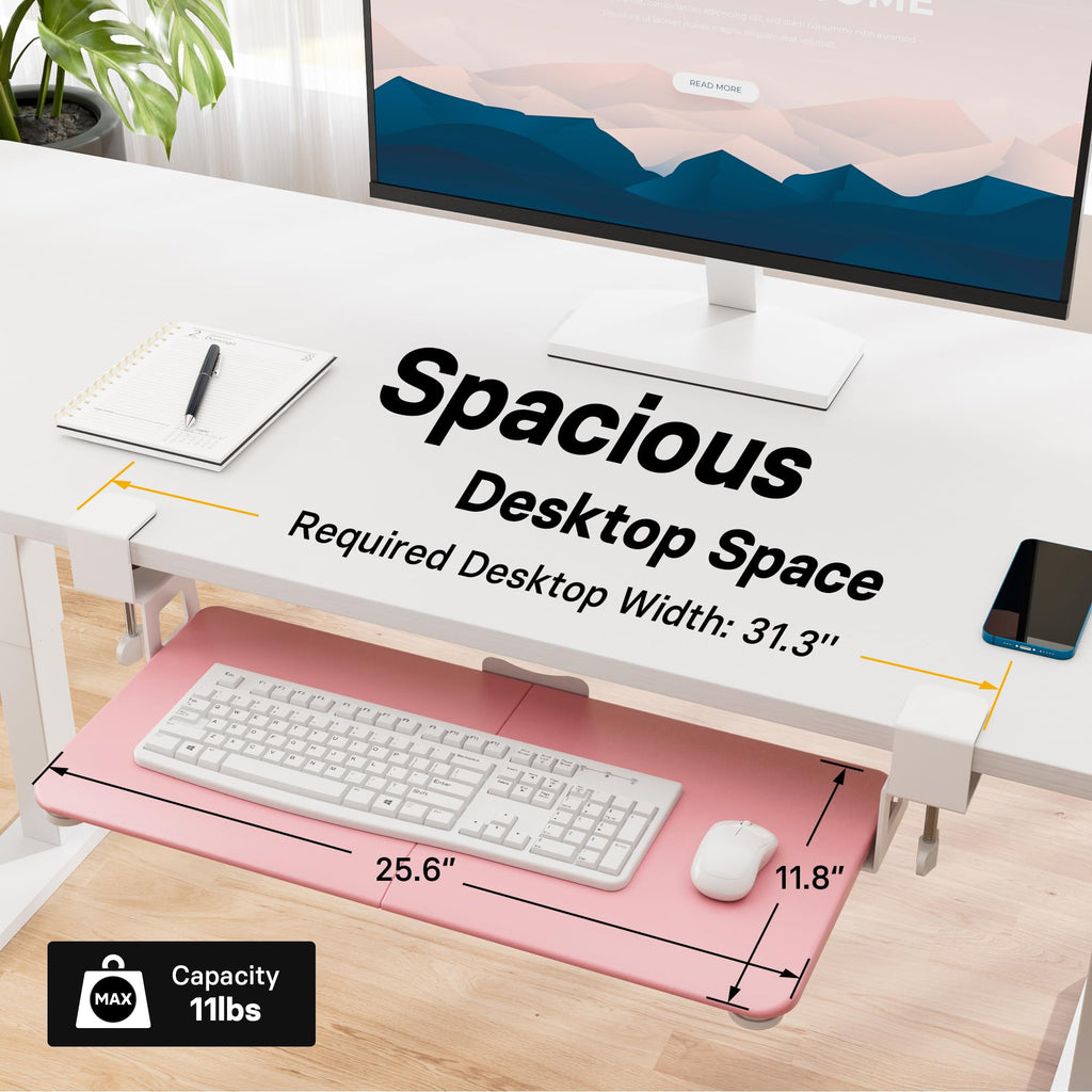 Under Desk Keyboard Tray, Pull-Out Keyboard & Mouse Platform with C-Clamp, 25.6 x 11.8 in Space-Saving Ergonomic Slide-Out Drawer, Pink