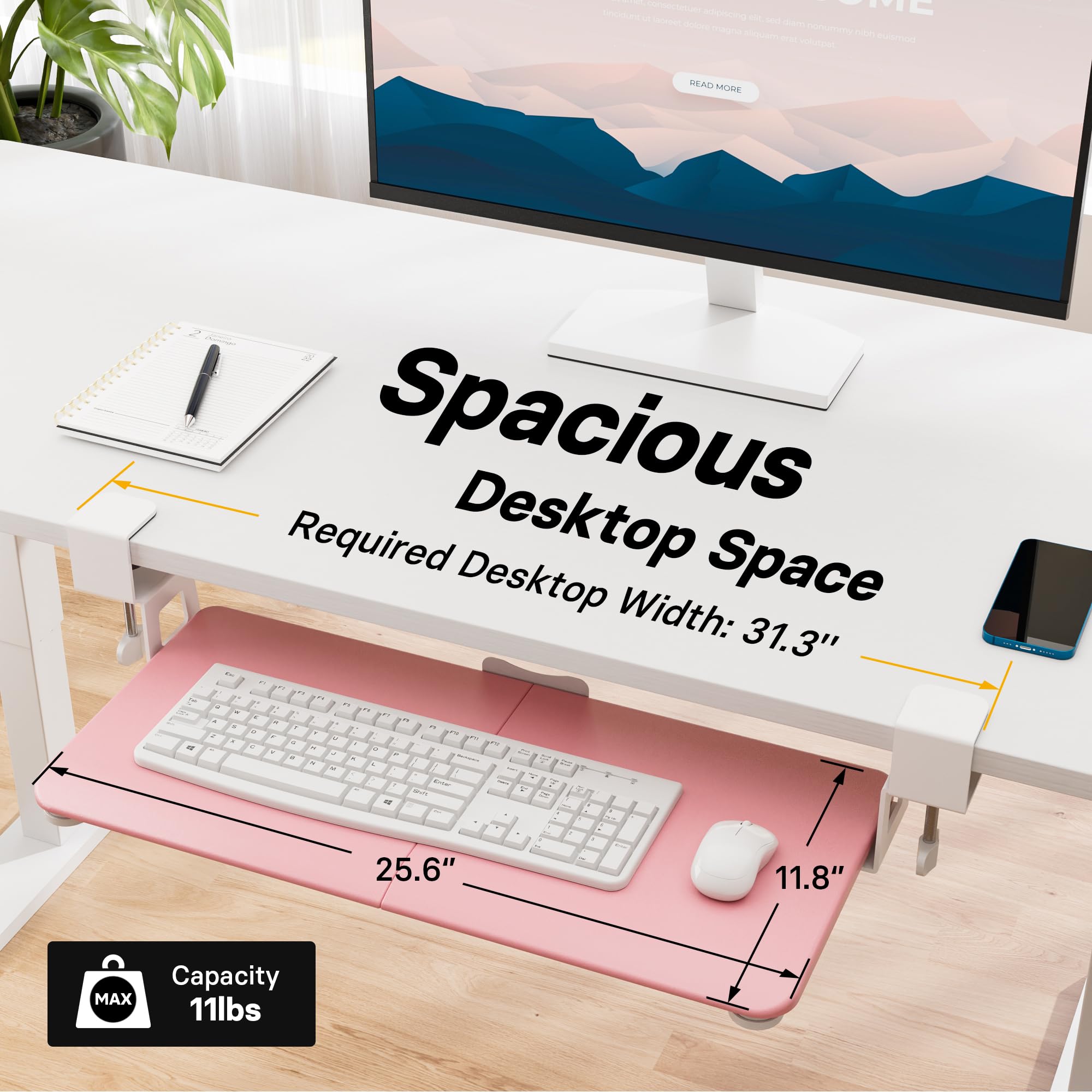 Under Desk Keyboard Tray, Pull-Out Keyboard & Mouse Platform with C-Clamp, 25.6 x 11.8 in Space-Saving Ergonomic Slide-Out Drawer, Pink