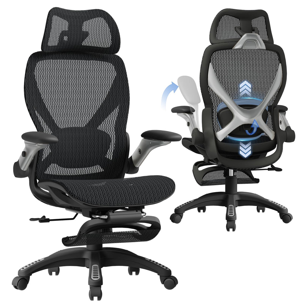 X100 Ergonomic Mesh Office Chair with Footrest, Big and Tall Hone Desk Chair with 5D Flip-Up Arms, Adjustable 3D Lumbar Support,Gaming & Executive Computer Chairs