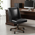 Armless Home Office Chair with Wooden Legs, Modern Leather Upholstered Office Desk Chair No Arms Sewing Chair Adjustable Swivel Desk Chair for Farmhouse Office Study Studio (Black)