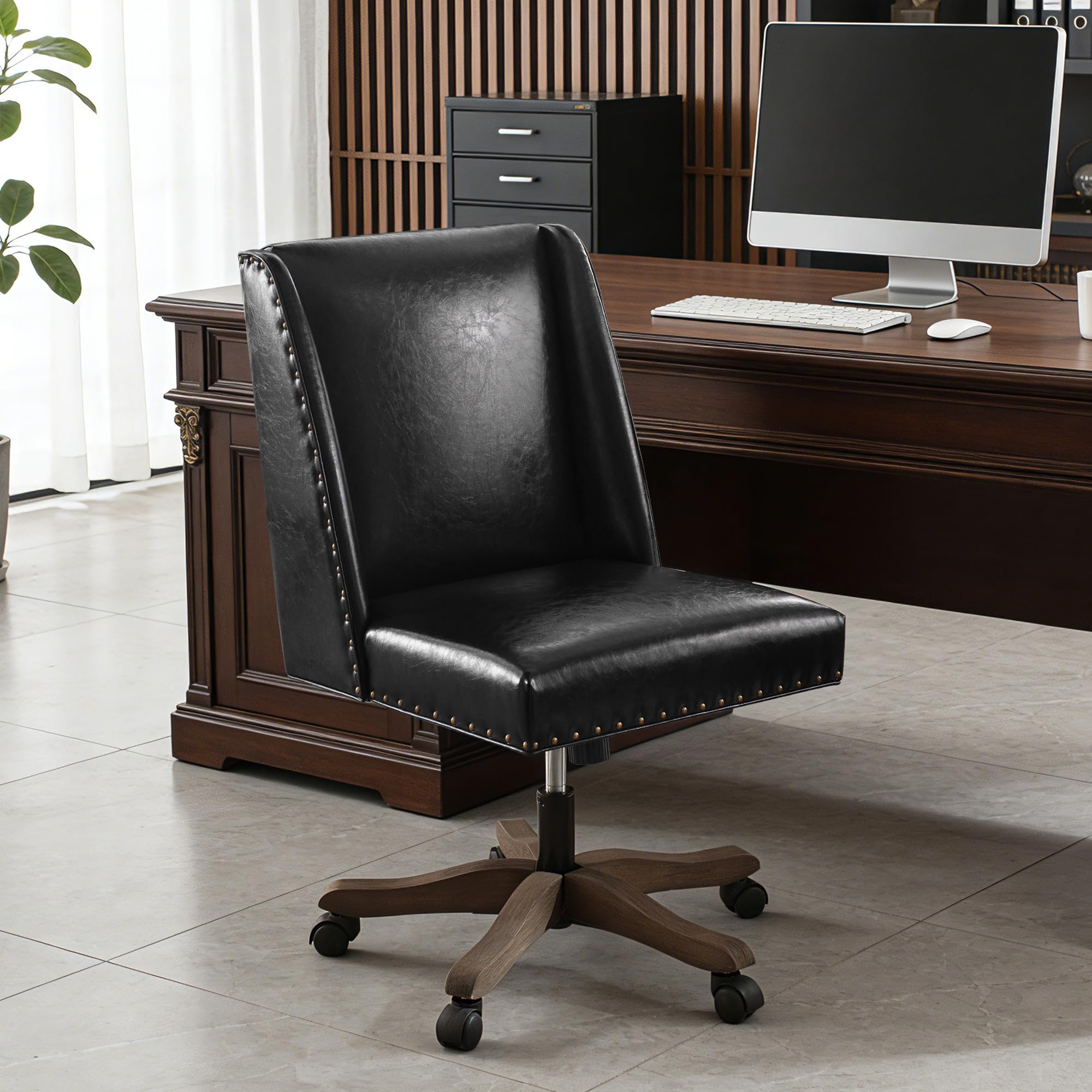 Armless Home Office Chair with Wooden Legs, Modern Leather Upholstered Office Desk Chair No Arms Sewing Chair Adjustable Swivel Desk Chair for Farmhouse Office Study Studio (Black)