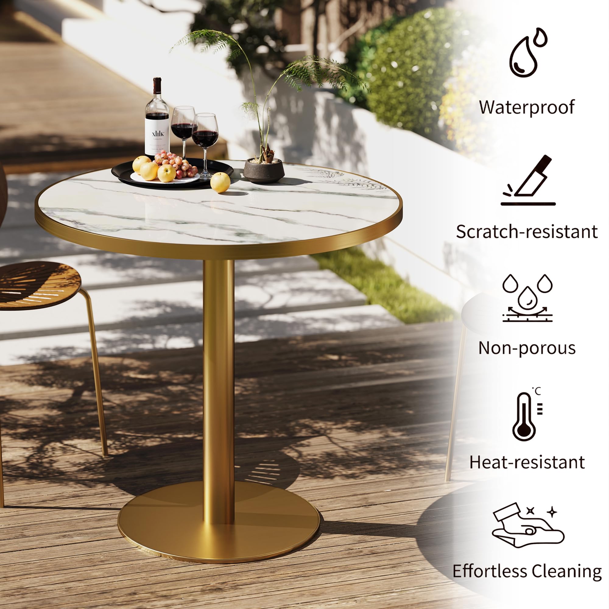 hausway 31.5" Tulip Table,Round Kitchen Dining Table for 2-4 with Thick Sintered Stone Top,Titanium Golden Pedestal Base,Heat-Resistant,Bistro Table for Dining Room,Café,Small Space（Flowing Traces）