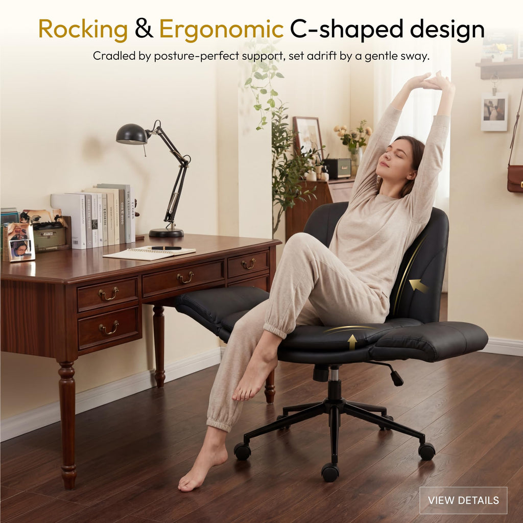 Criss Cross Chair with Five-Level Adjustable Arms and Wheels - Comfortable Ergonomic PU Leather Swivel Vanity Chair - Computer Makeup Gaming Chair for Home Office, Bedroom, Living Room (Black)