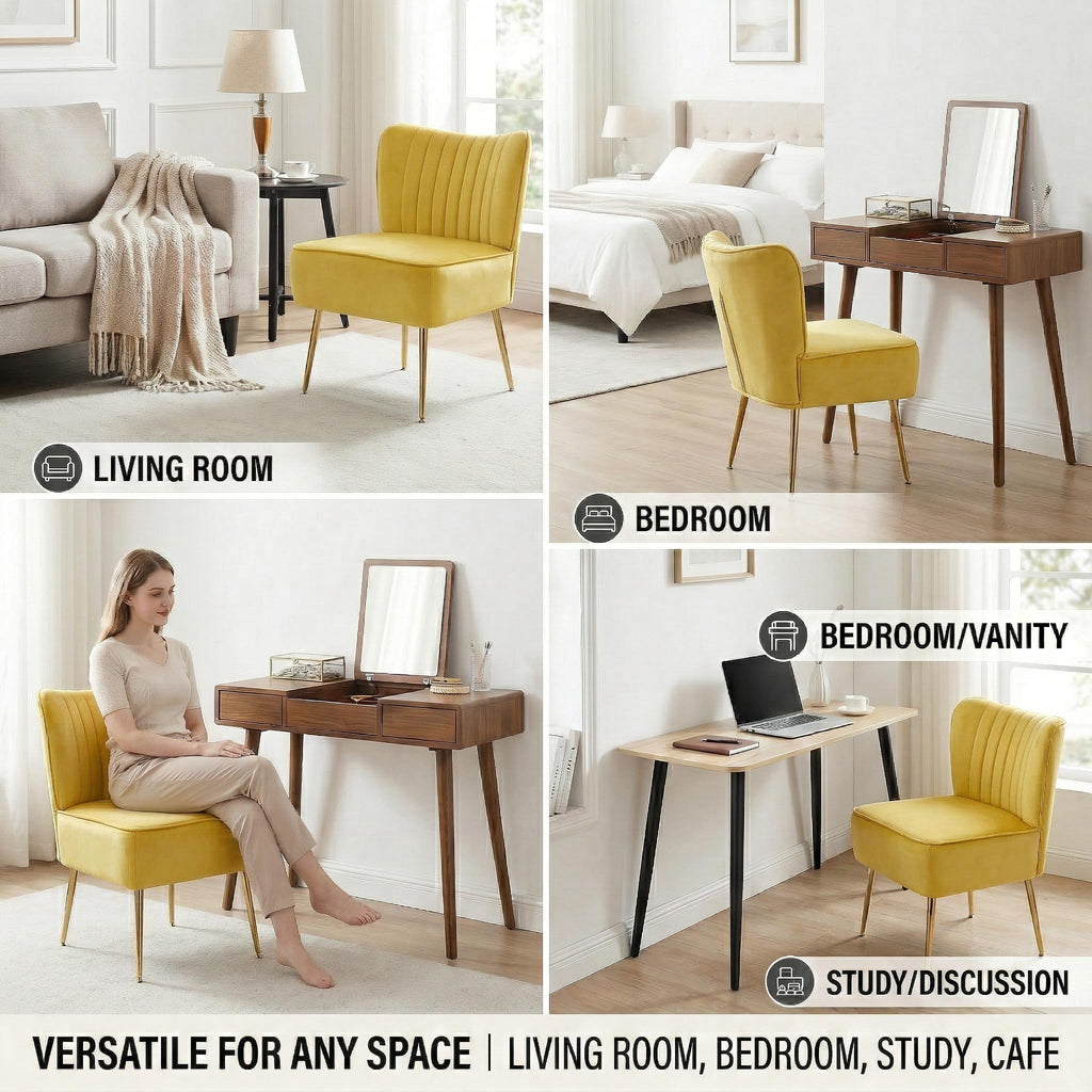 Modern Velvet Accent Chair Single 1 Pack, Comfy Slipper Chair with Heavy Duty Iron Frame & Gold Legs, Mid Century Side Sofa Chair for Living Room Bedroom Vanity（Yellow）