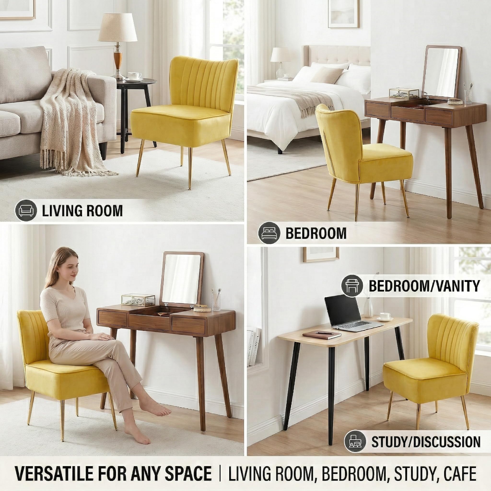 Modern Velvet Accent Chair Single 1 Pack, Comfy Slipper Chair with Heavy Duty Iron Frame & Gold Legs, Mid Century Side Sofa Chair for Living Room Bedroom Vanity（Yellow）